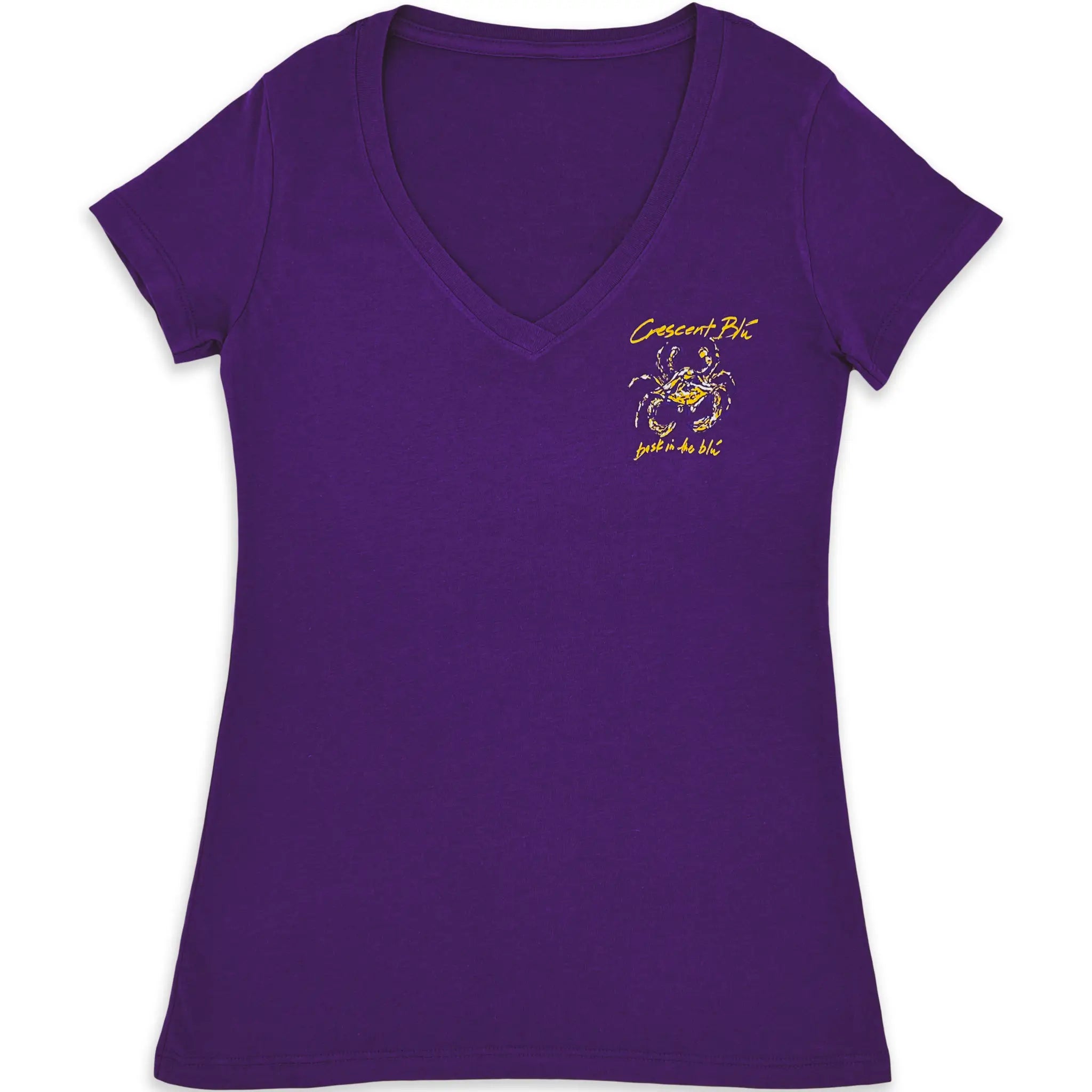 Front view of purple and gold collection ladies v-neck tee