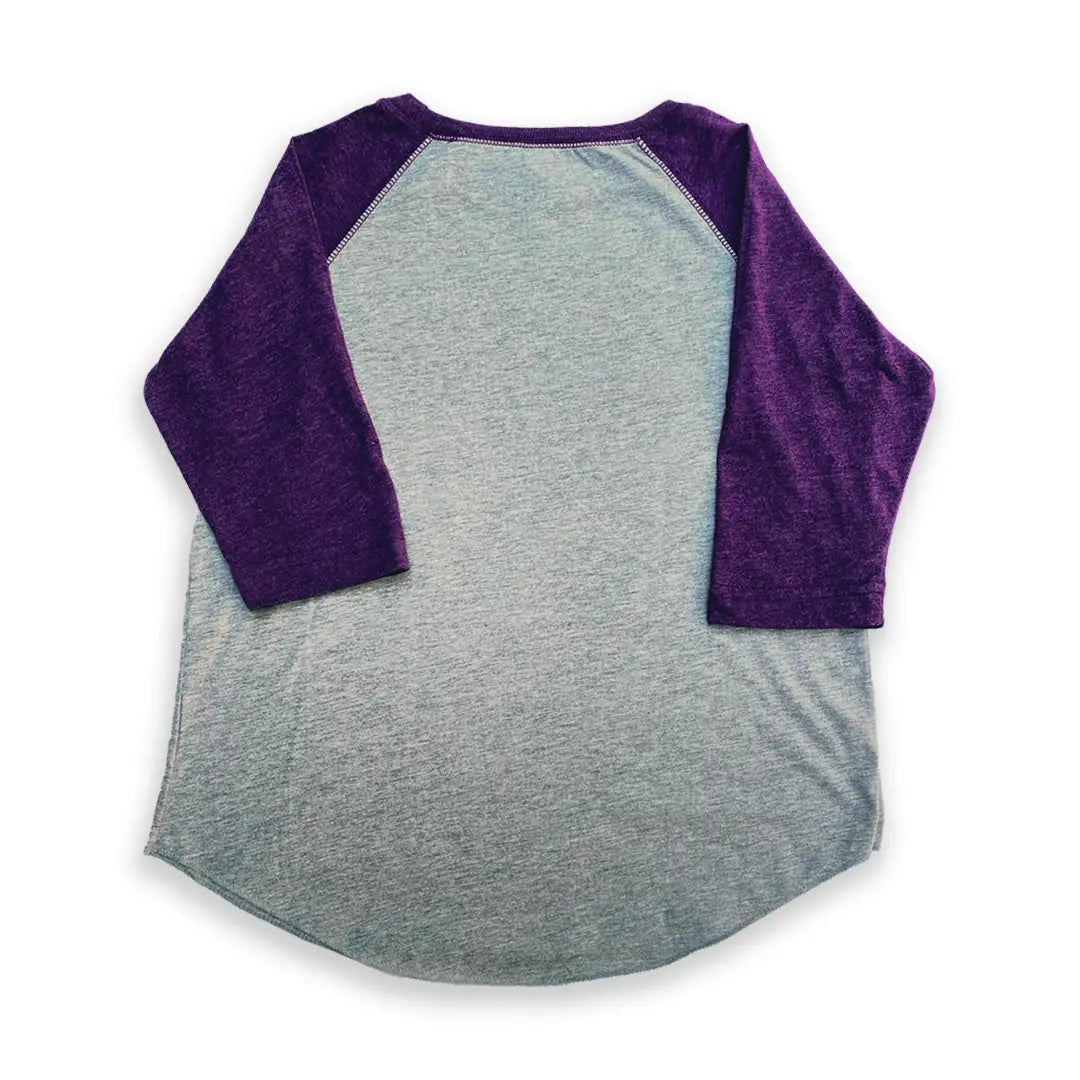 Back view of 3/4 length sleeve purple and gold youth shirt with purple sleeves