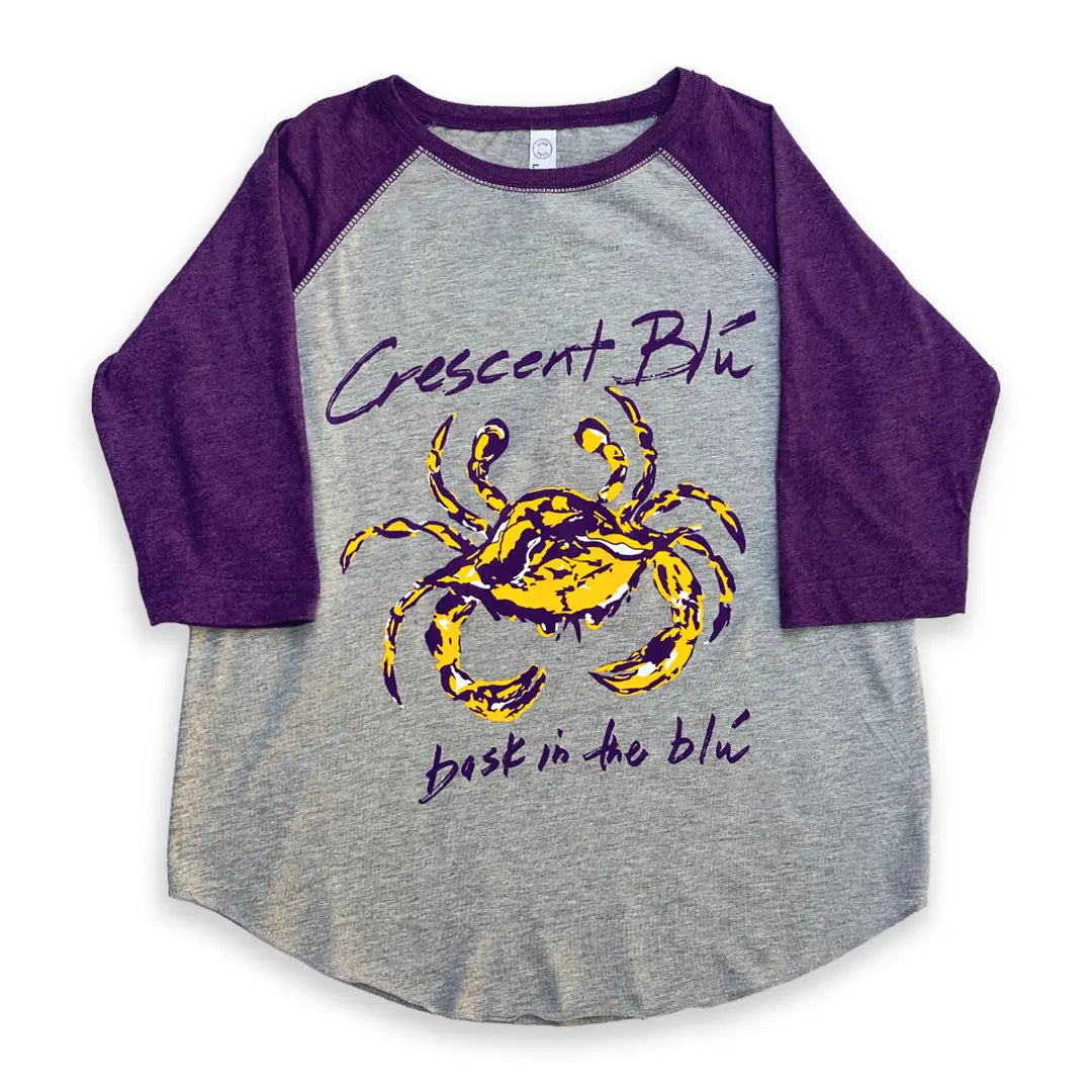 Youth raglan 3/4 length sleeve purple and gold crab large logo on purple and gray shirt