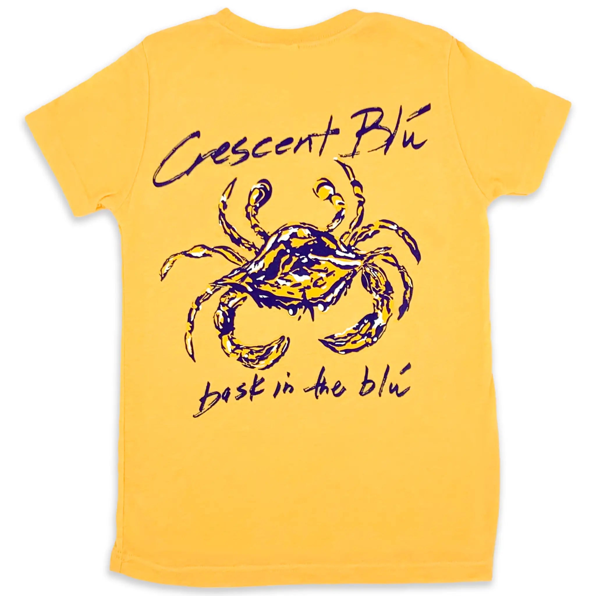 Gold short sleeve youth tee shirt with a purple, gold, and white blue crab underneath the words Crescent Blu  and above the words bask in the blu written in purple