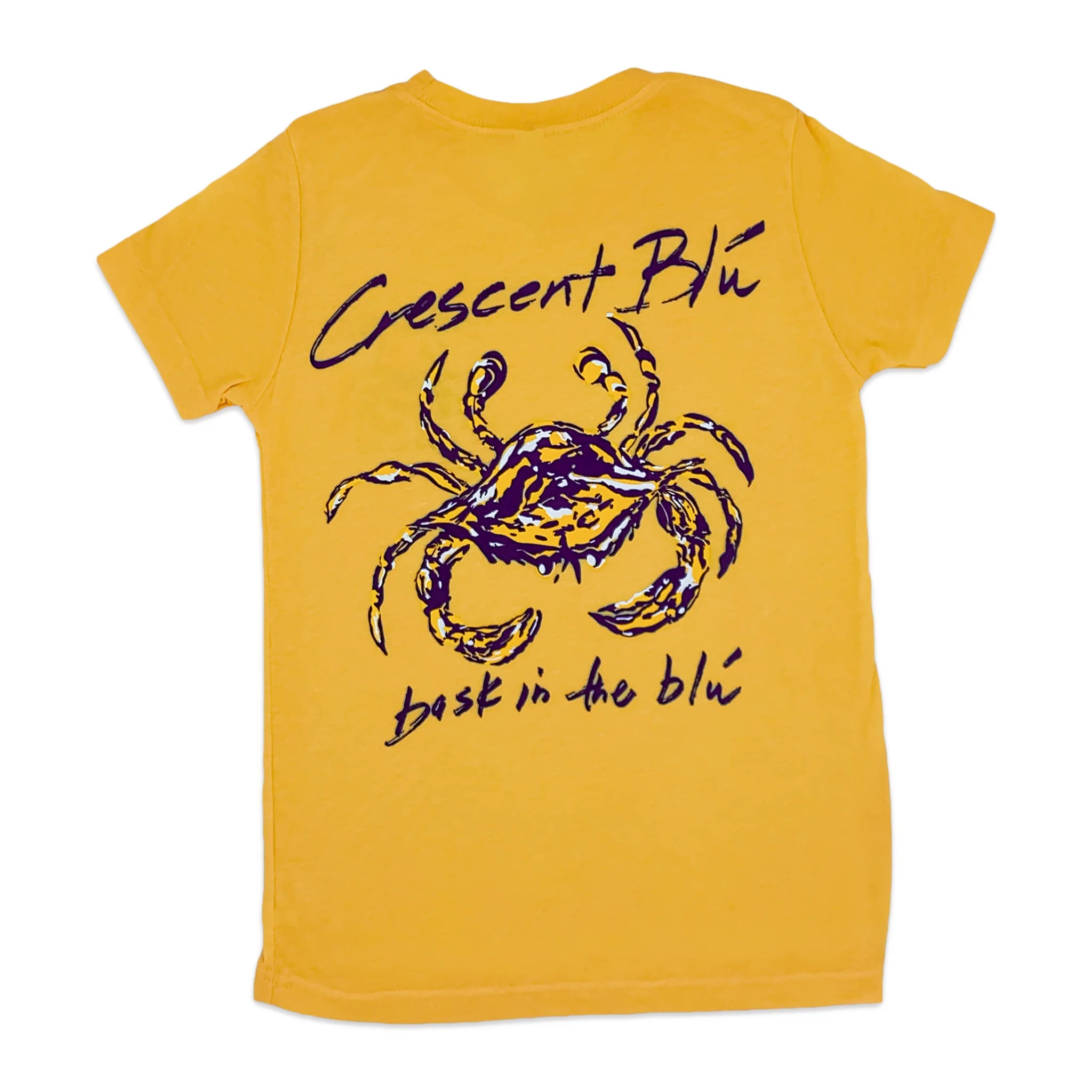 Gold short sleeve youth tee shirt with a purple, gold, and white blue crab underneath the words Crescent Blu and above the words bask in the blu written in purple