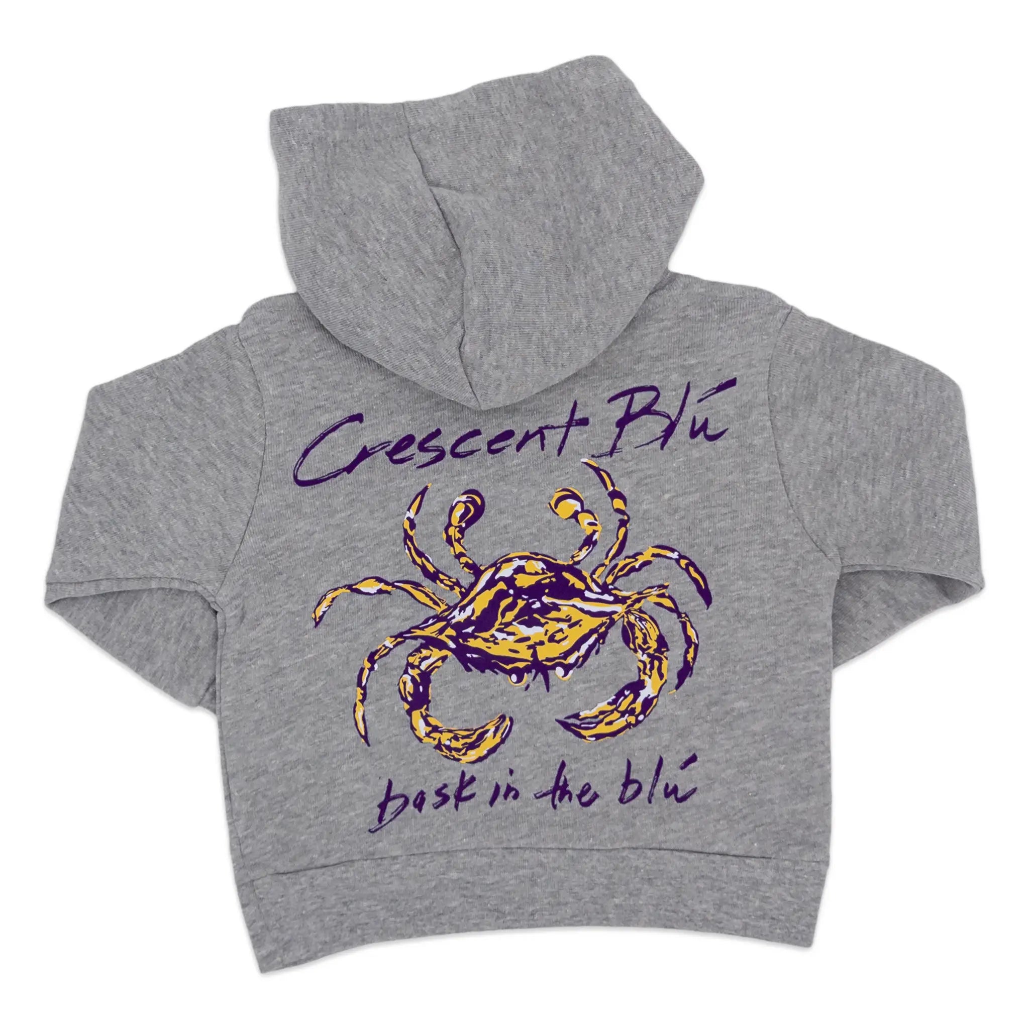 A heather gray toddler hoodie featuring a purple and gold crab graphic on the back, with the text 'Crescent Blue' and 'best in the blu' in purple