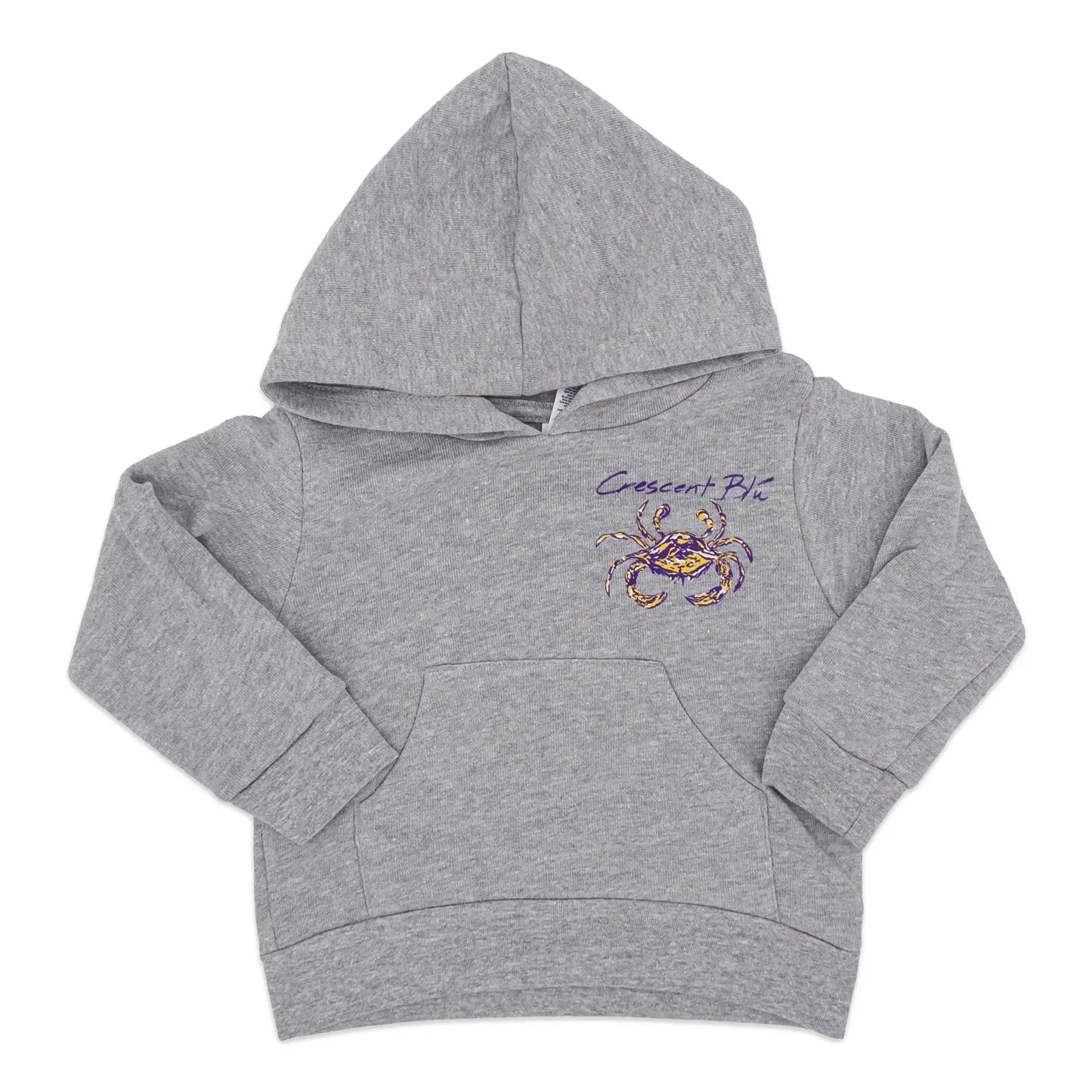 A toddler-sized heather gray pullover hoodie with a front kangaroo pocket and a graphic on the left chest featuring a purple crab and the text Crescent Blu