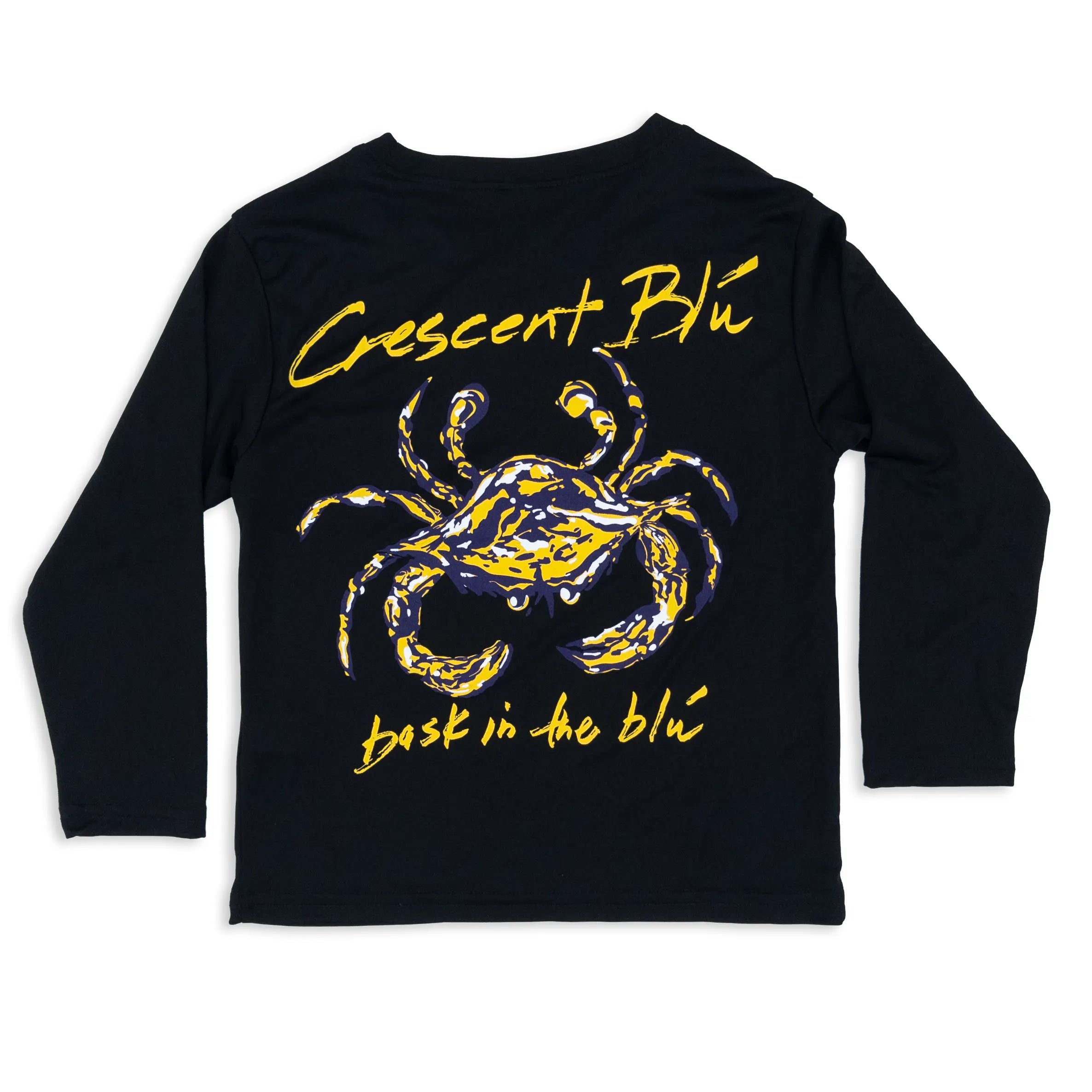 A youth black long-sleeve shirt with purple and gold crab and Crescent Blu on the back.