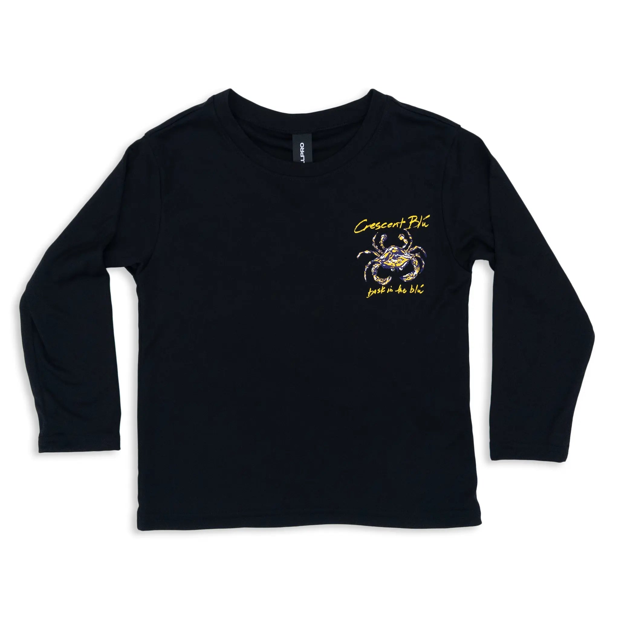 Black long-sleeve youth shirt with a purple and gold crab on the left chest.