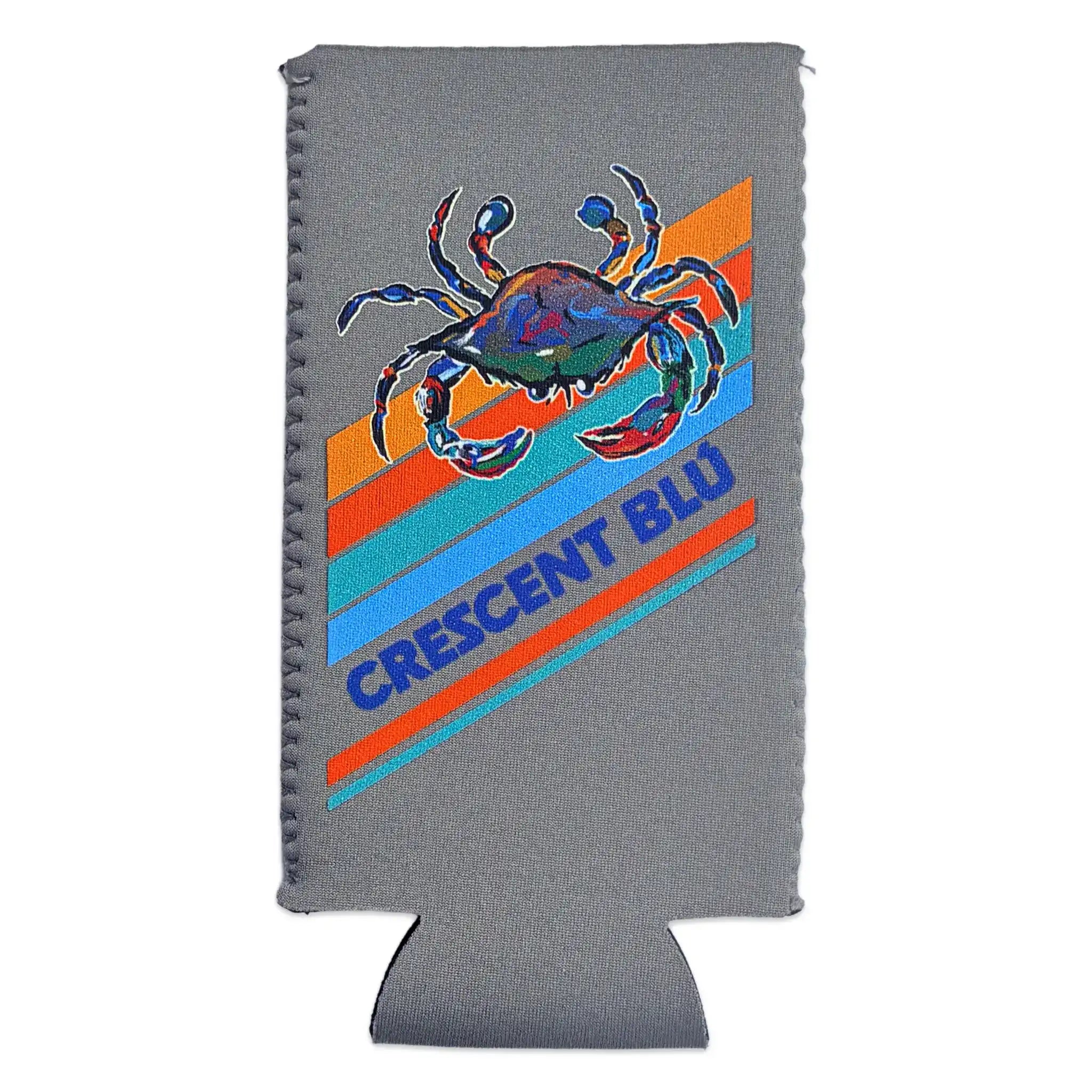 Gray neoprene drink sleeve with a colorful blue crab design on top of retro slanted stripes and the words Crescent Blu.