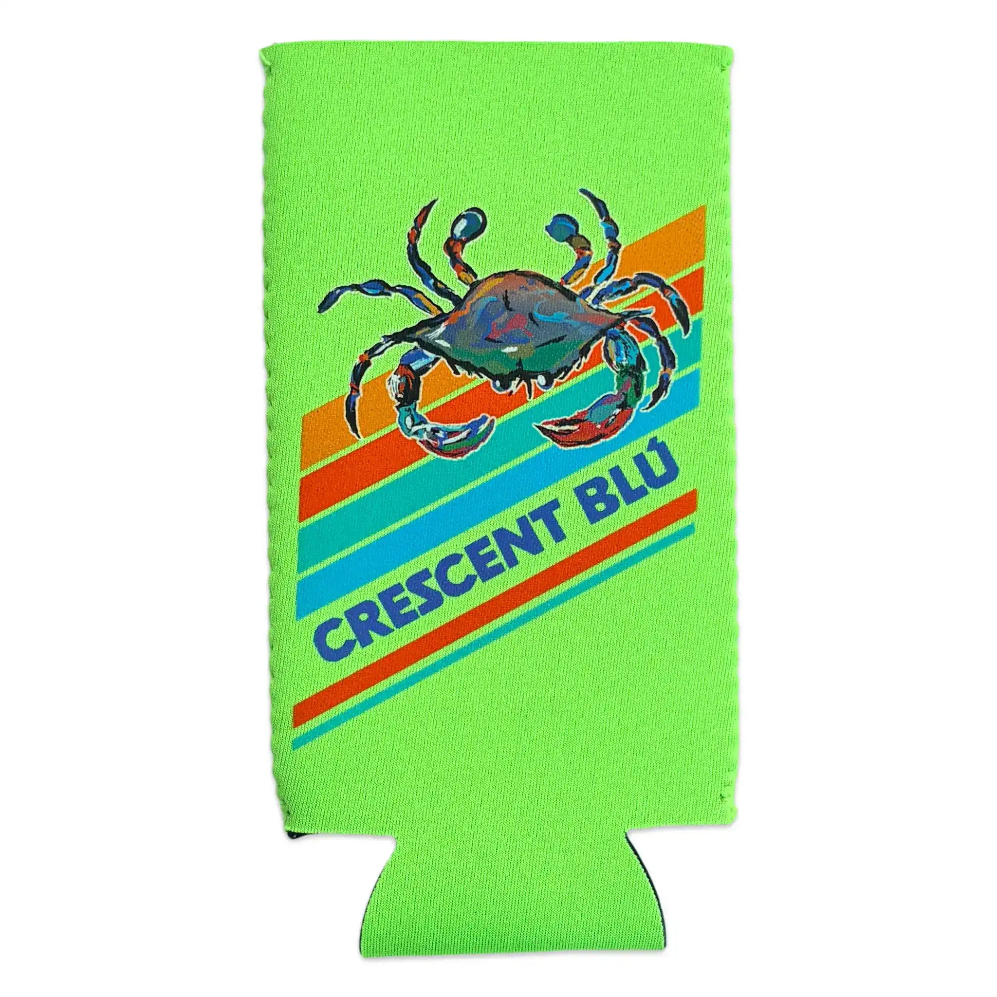 Neon green neoprene can holder with a blue crab design and 'Crescent Blu' text on a white background