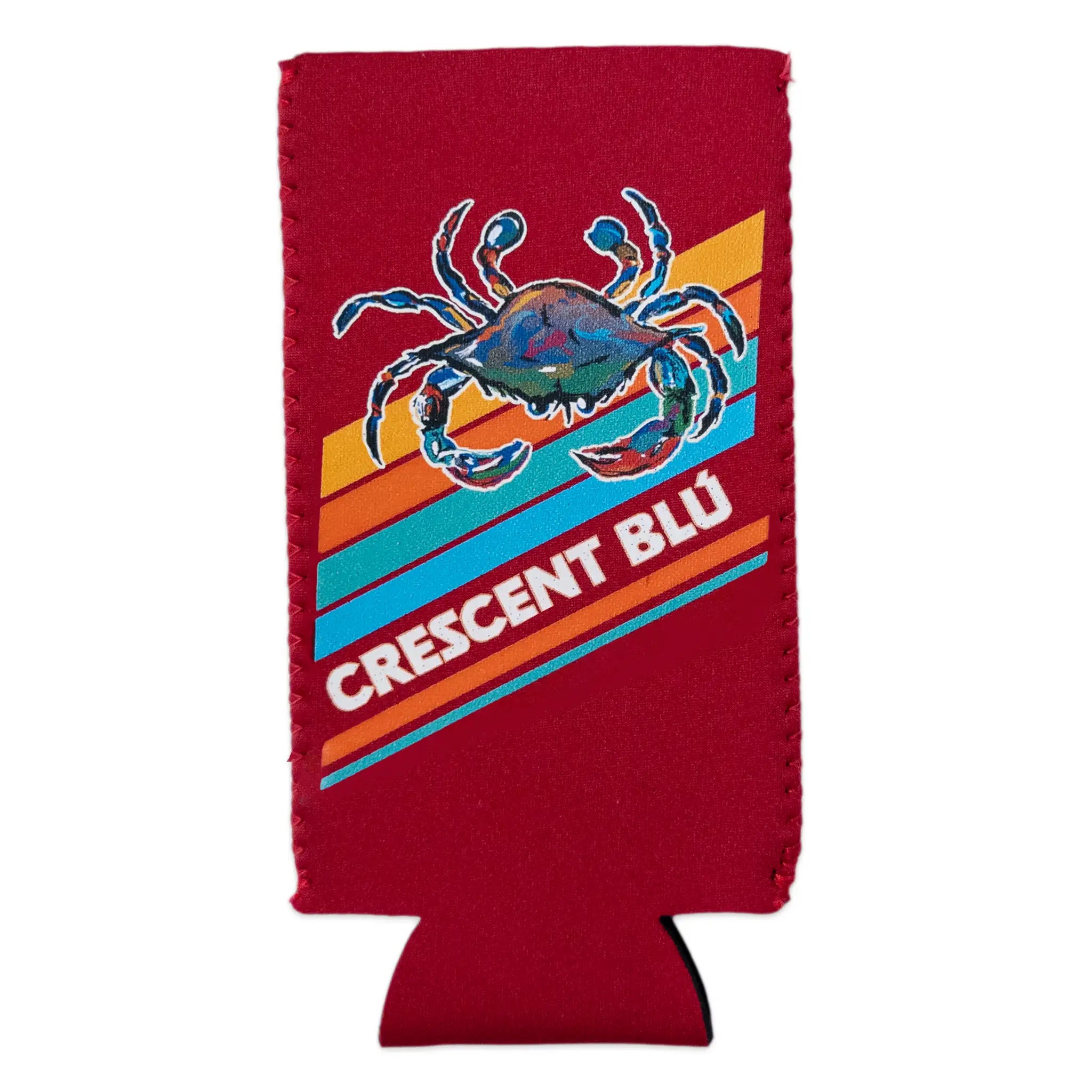 Red neoprene slim can cooler with blue crab artwork, orange stripes, and Crescent Blu logo