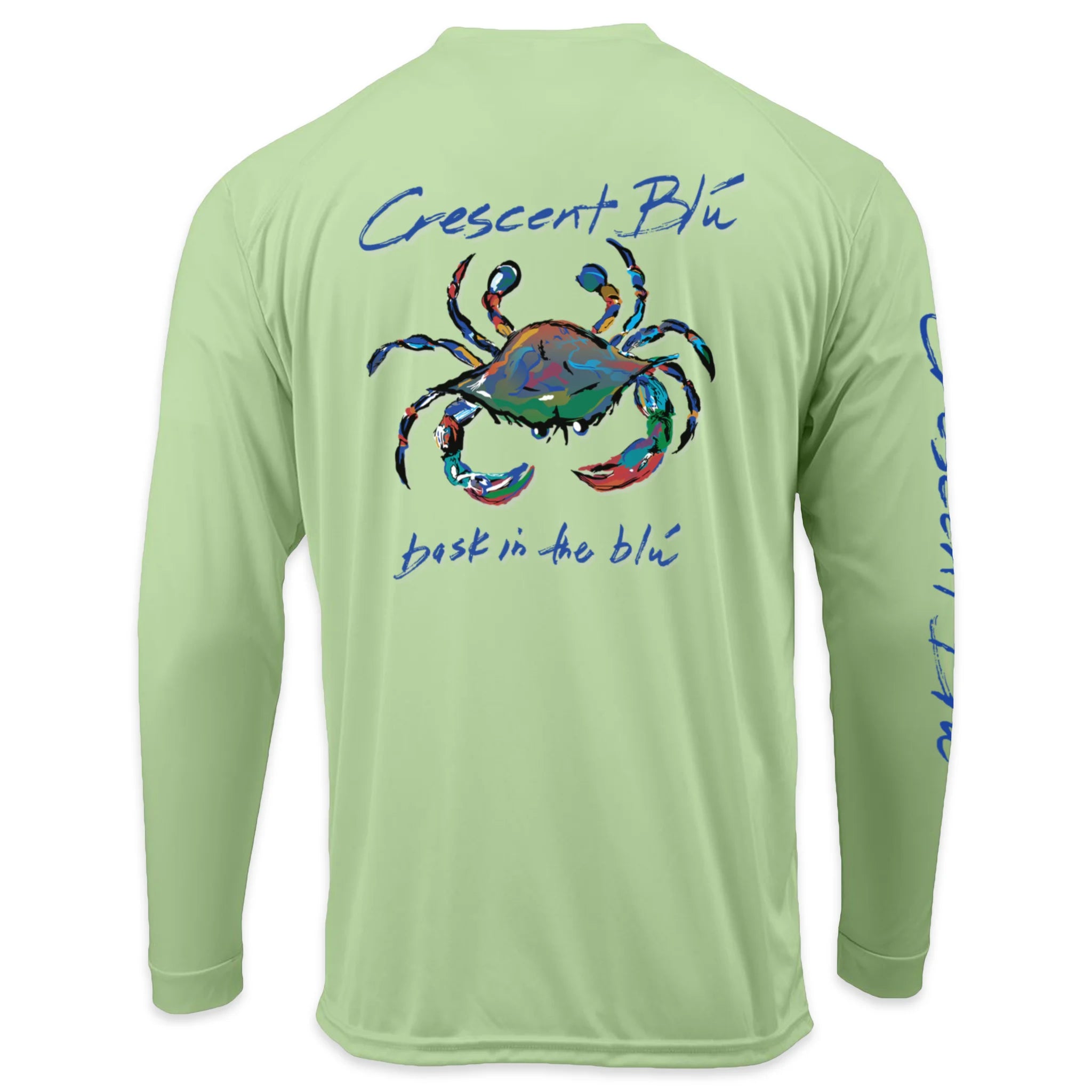 Rear view of limeade performance sun shirt with Crescent Blú Signature Crab on the back