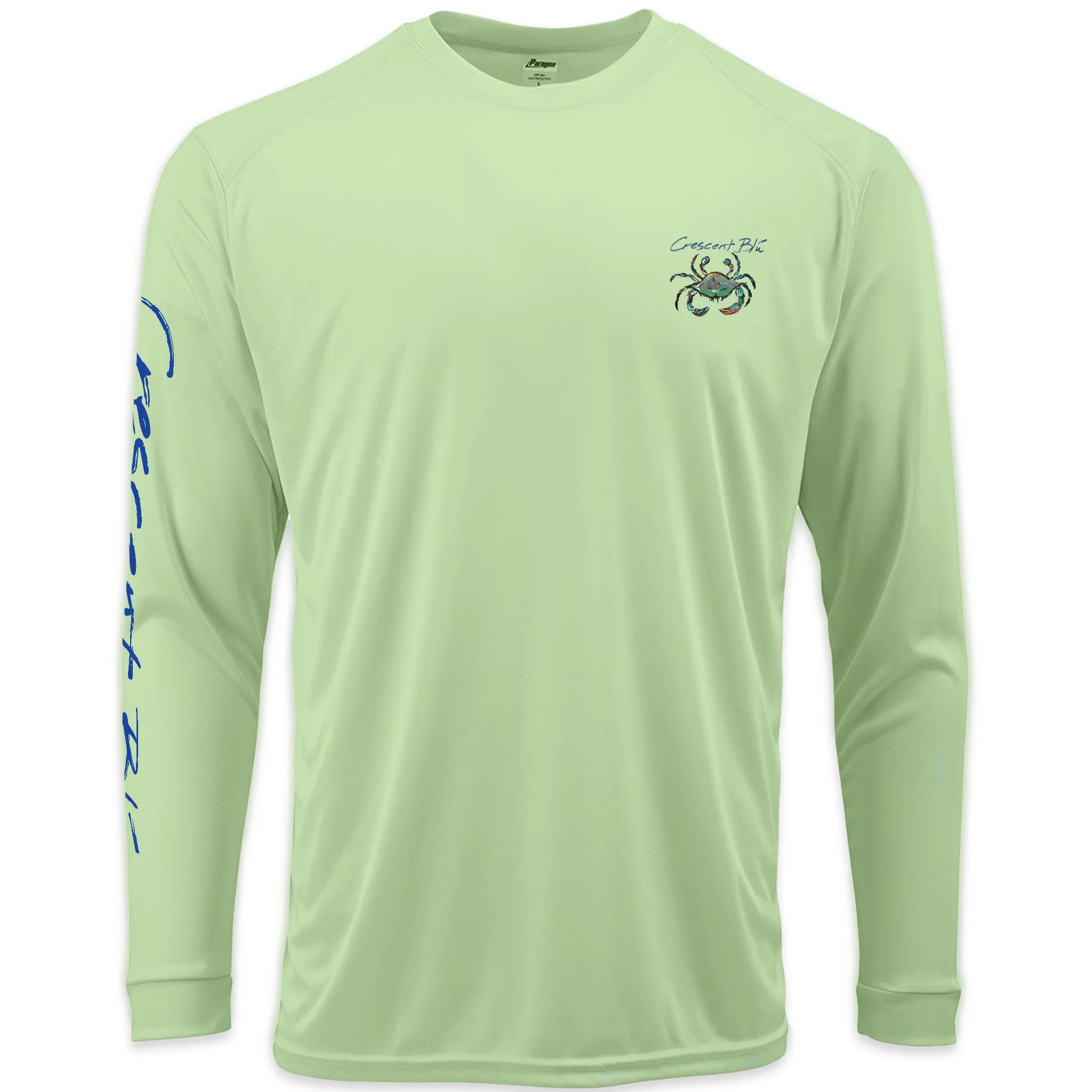 Limeade UPF 50+ long sleeve crewneck shirt with Crescent Blú crab logo on front chest.