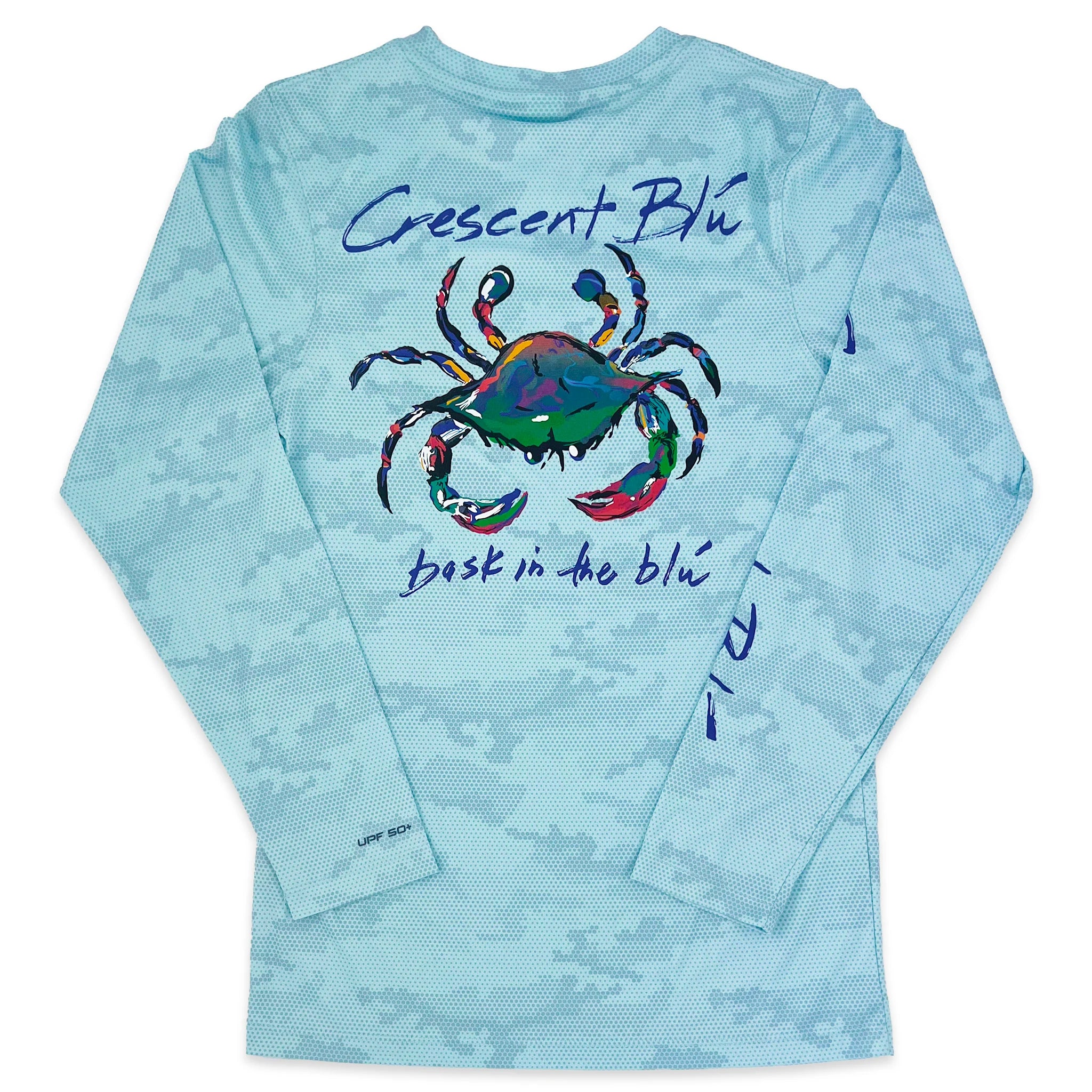 Back of aqua blue camo long sleeve performance t-shirt with a Crescent Blu multicolored logo in the center.