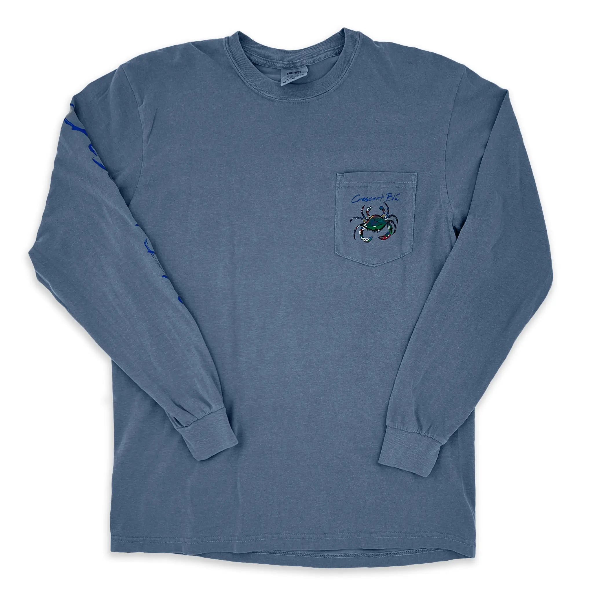 A long sleeve blue jean t-shirt with a blue crab on the pocket.