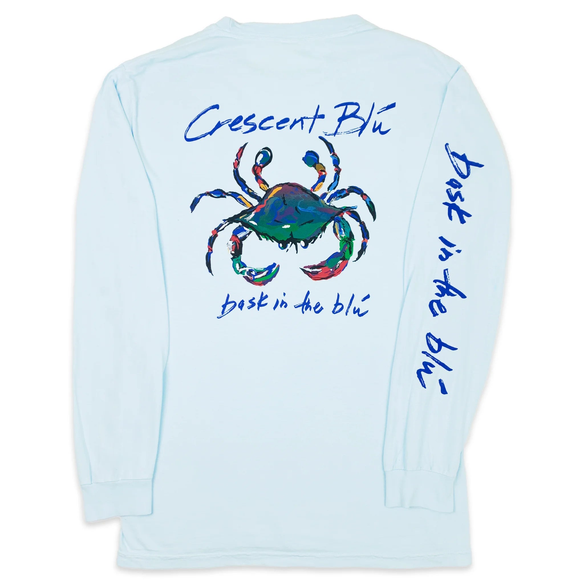 A pale chambray long sleeve t-shirt with a crab on the back.