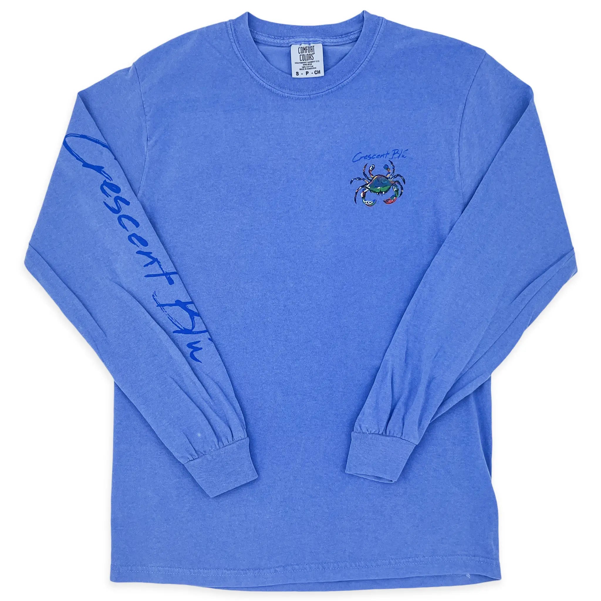 The front of a long sleeve Crescent Blu t-shirt without a pocket.