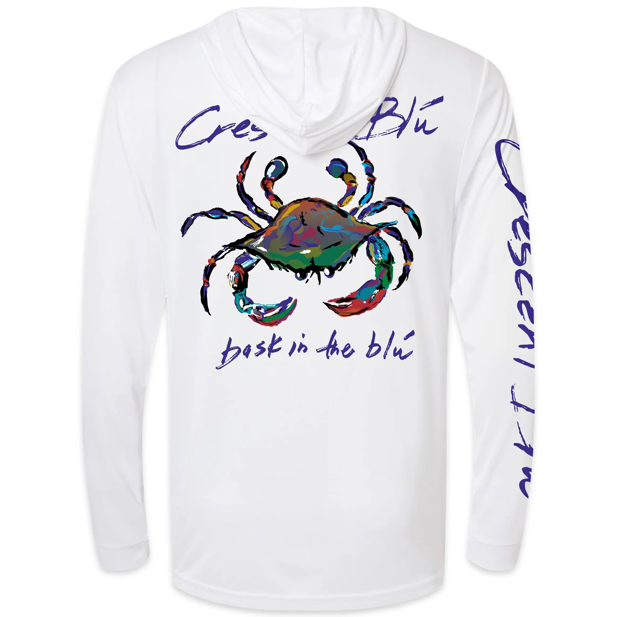 A colorful blue crab on the back of a hooded long sleeve white shirt with Crescent Blue written on one sleeve and across the back.