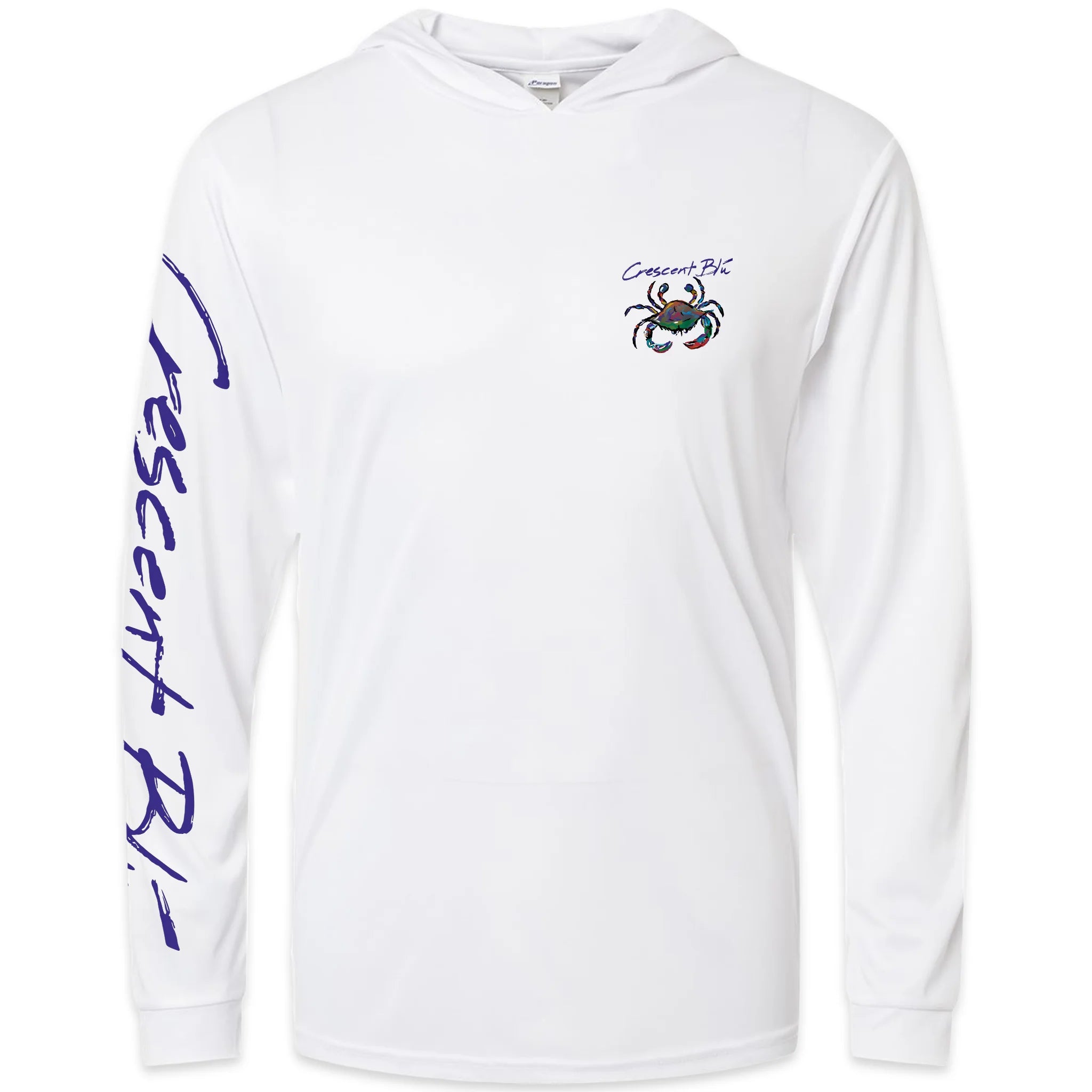 A white long sleeve hooded shirt with Crescent Blu written on the right sleeve the the crab logo on the left chest.