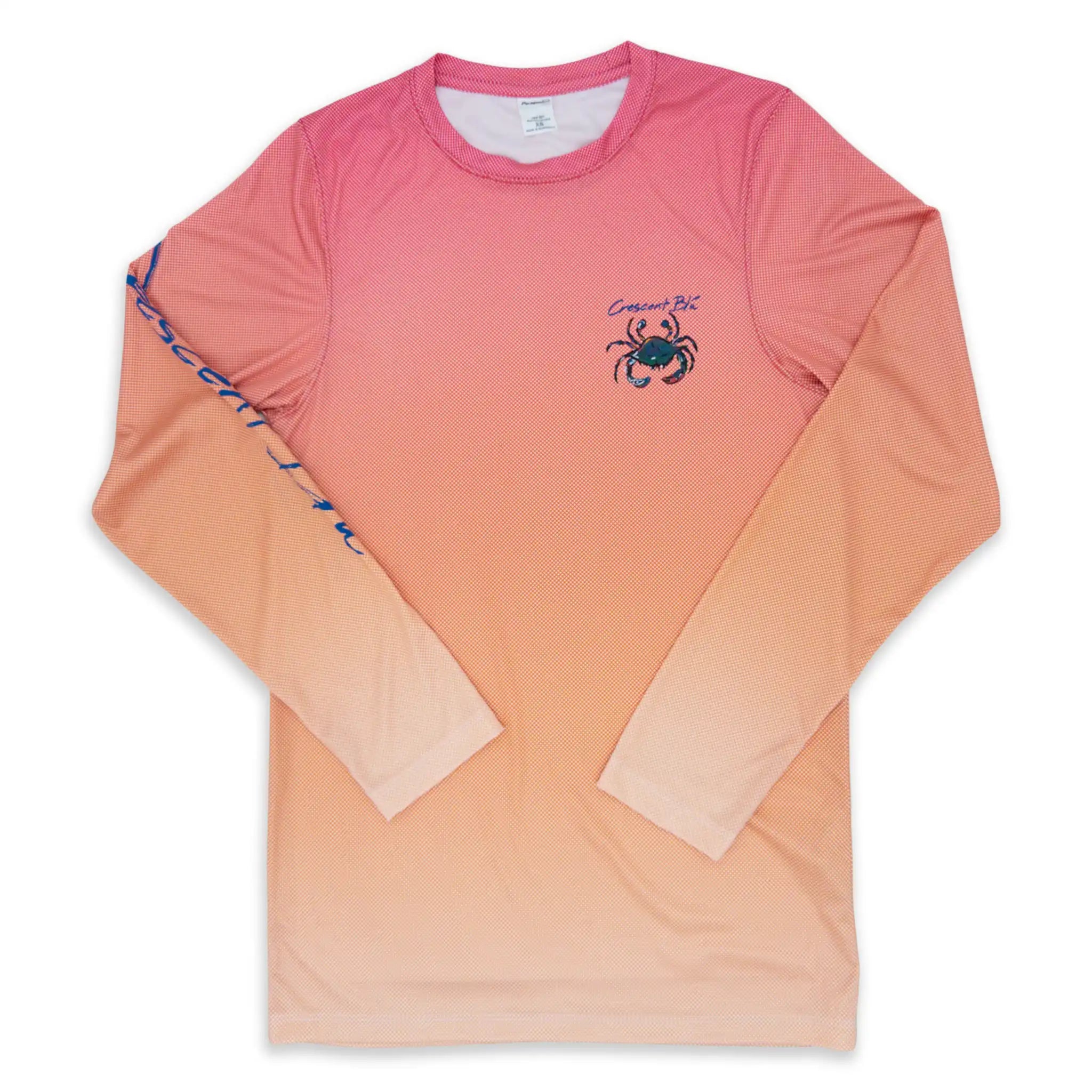 The front of an adult long sleeve sun shirt that has pin dot gradients from red to light orange and the Crescent Blu blue crab logo on the left chest.
