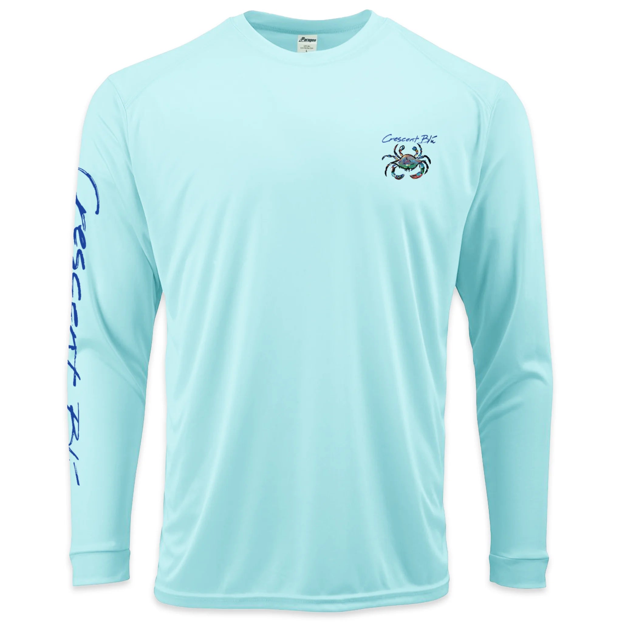 Aqua blue long sleeve shirt with Crescent Blú crab logo on the front left chest.