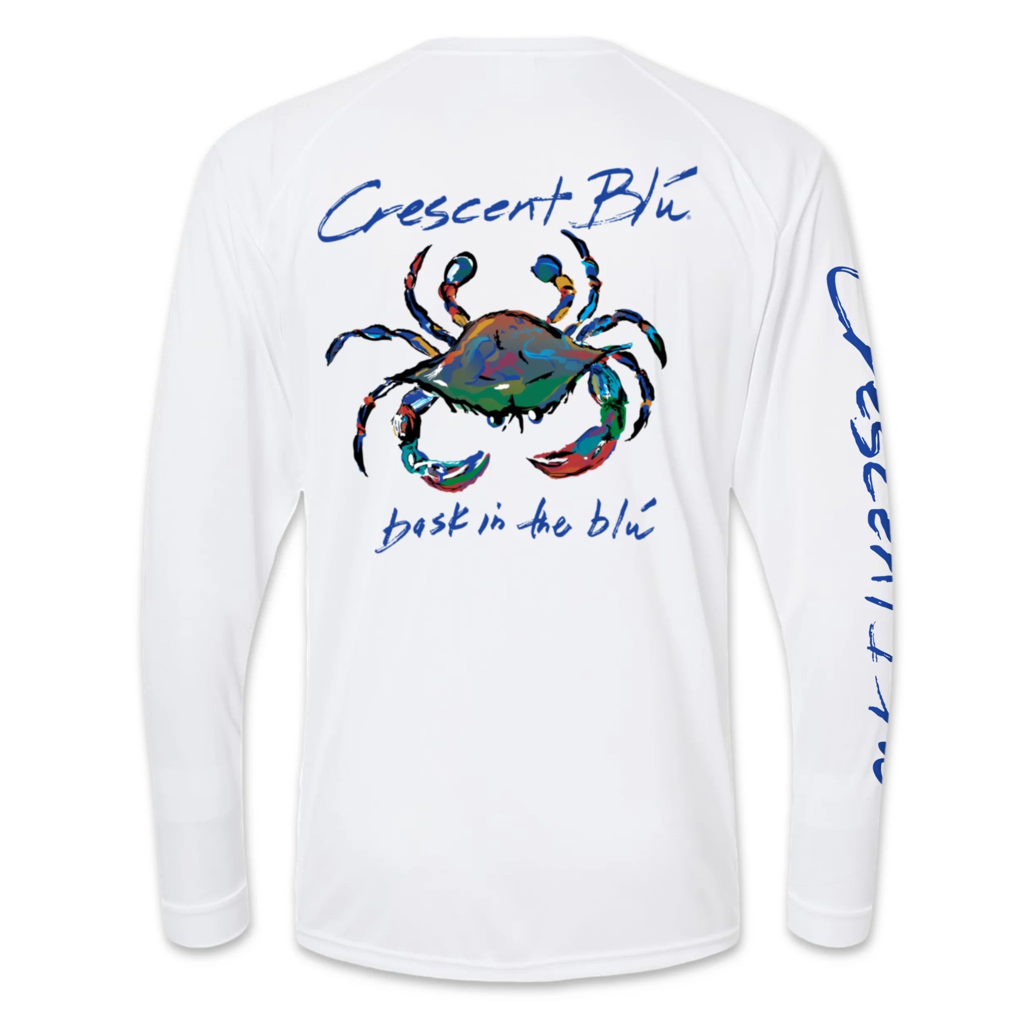 Back view of white UPF 50+ fishing shirt with large Crescent Blú Signature Crab design