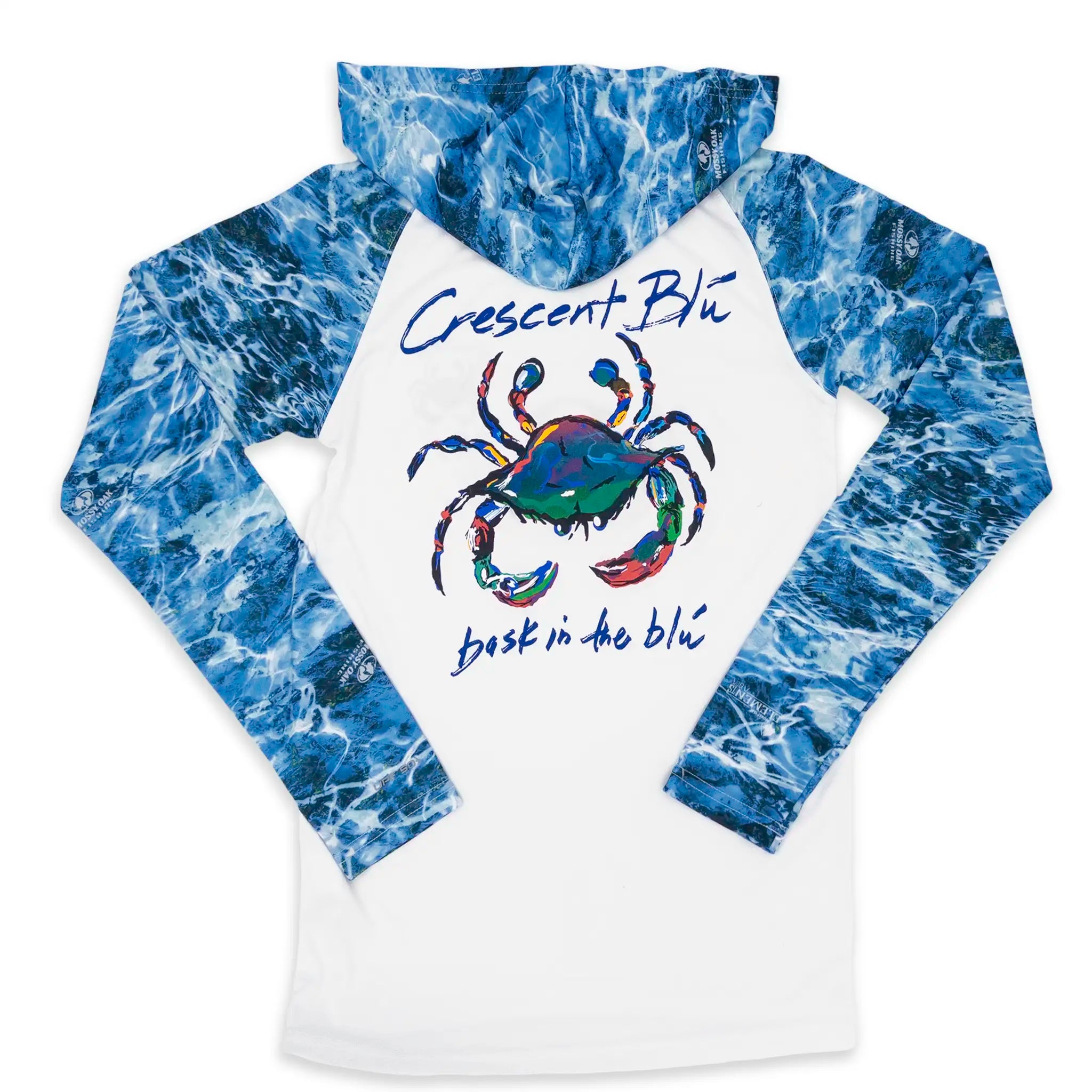 Back view of Crescent Blú Signature Crab Long Sleeve UPF Hoodie – full Signature Crab artwork and Mossy Oak Aqua® blue hood and sleeves
