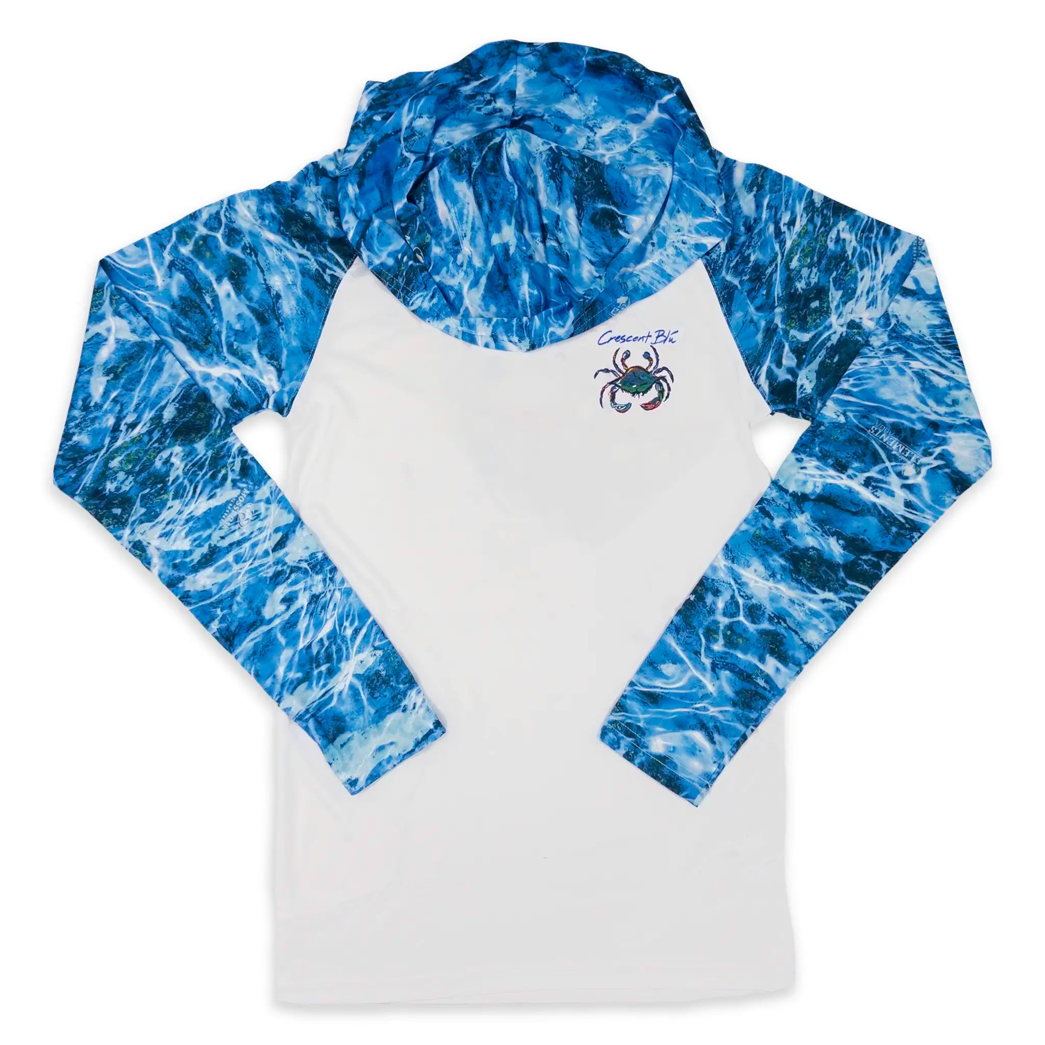 Front view of Crescent Blú Signature Crab Long Sleeve Sun Shirt Hoodie – white body with Mossy Oak Aqua® blue hood and sleeves, left chest crab logo