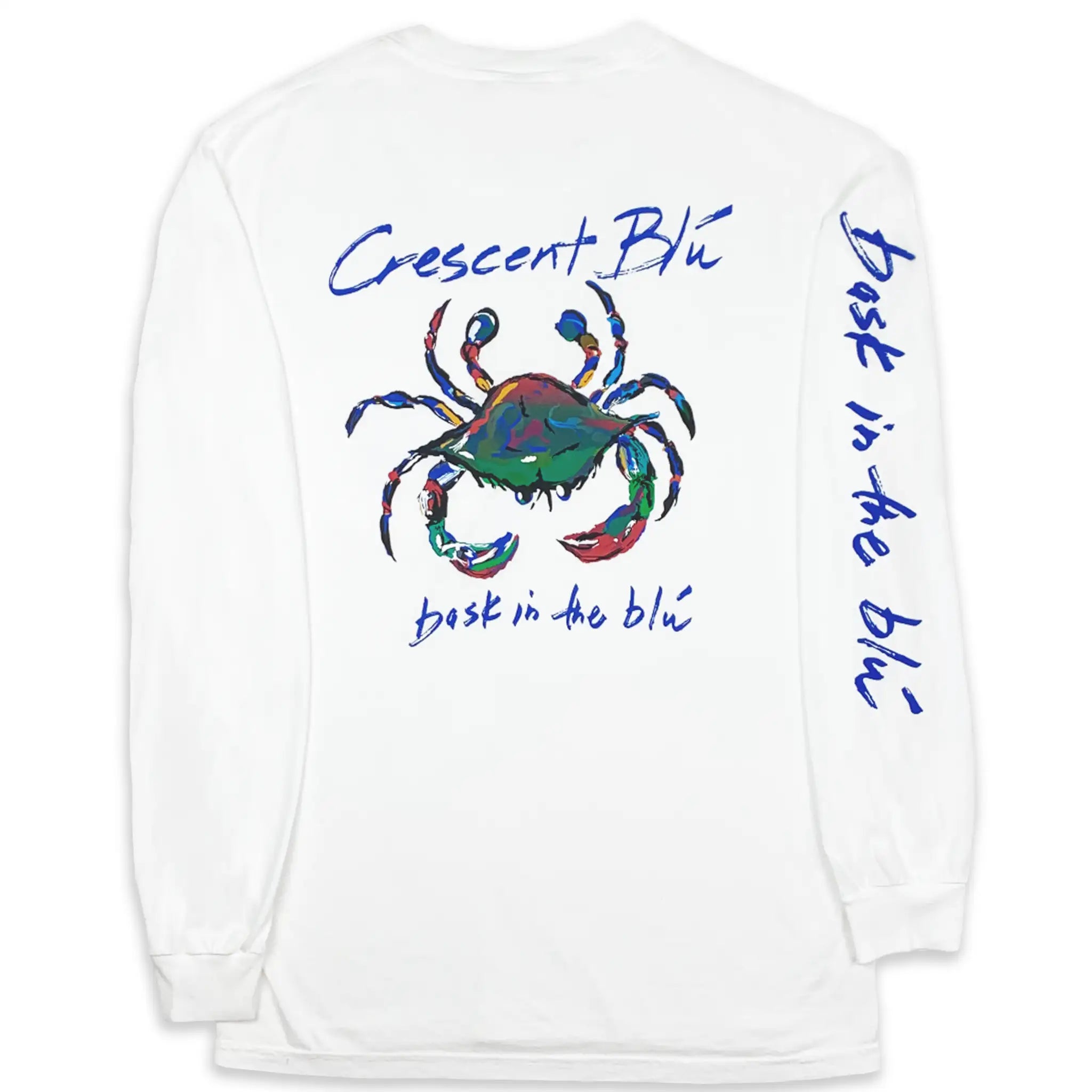 The back of a white long sleeve t-shirt with the Crescent Blu logo in the center and bask in the blu on the right sleeve.