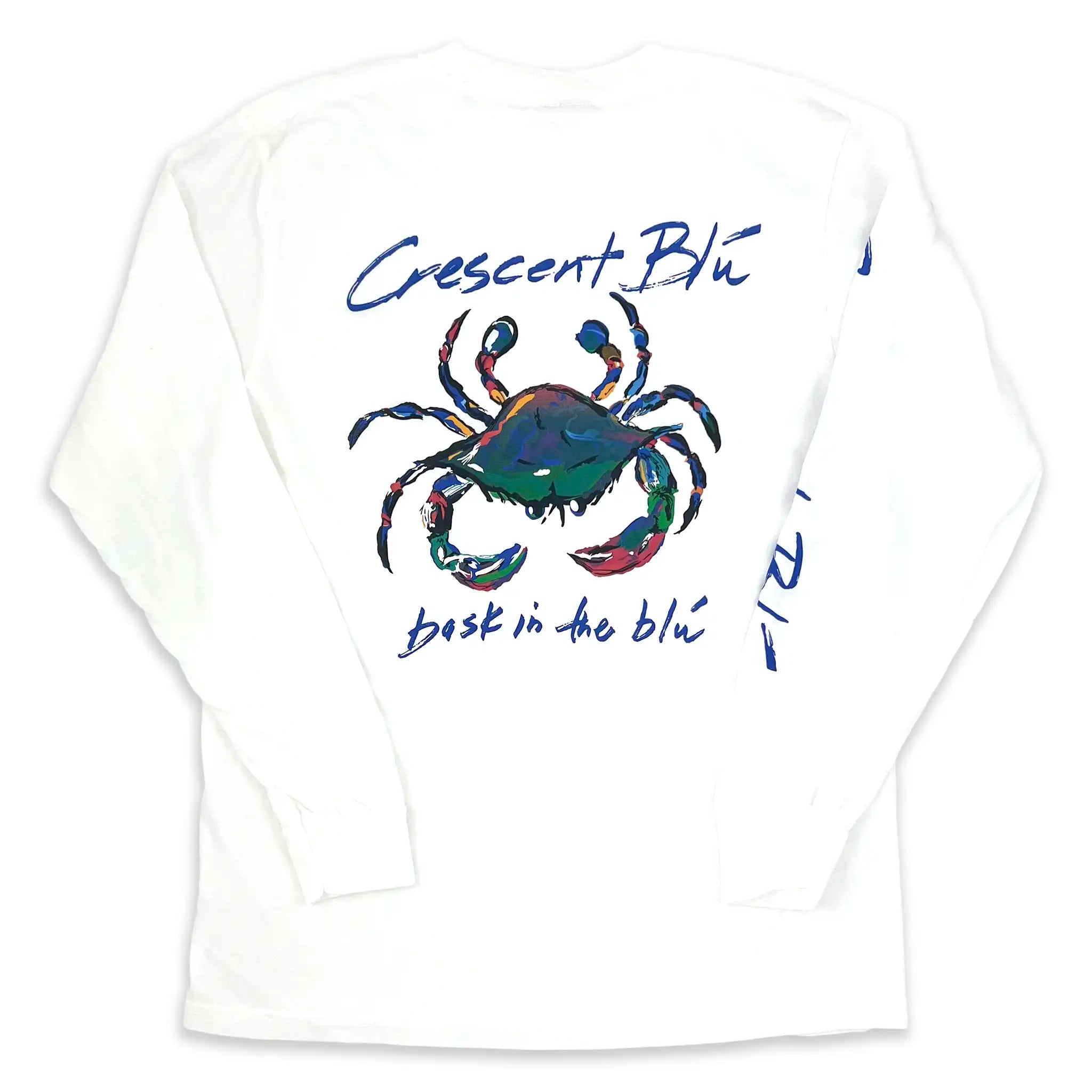A colorful blue crab centered on the back of a long sleeve white-shirt.