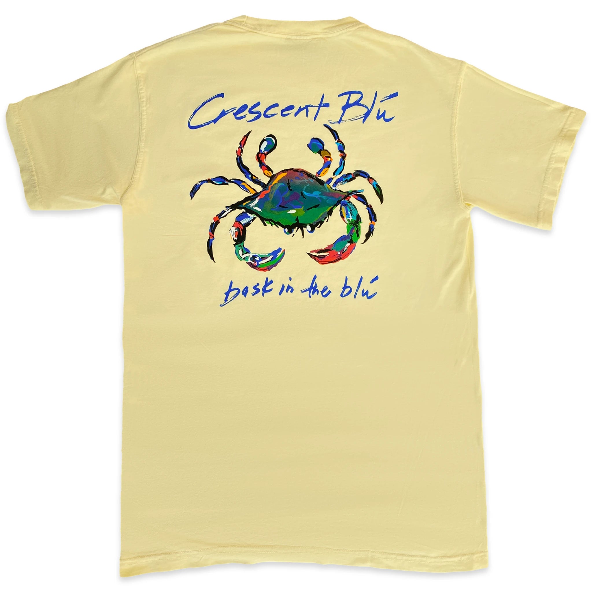 Yellow T-shirt with large multi-colored Crescent Blu crab logo short sleeves, back of shirt
