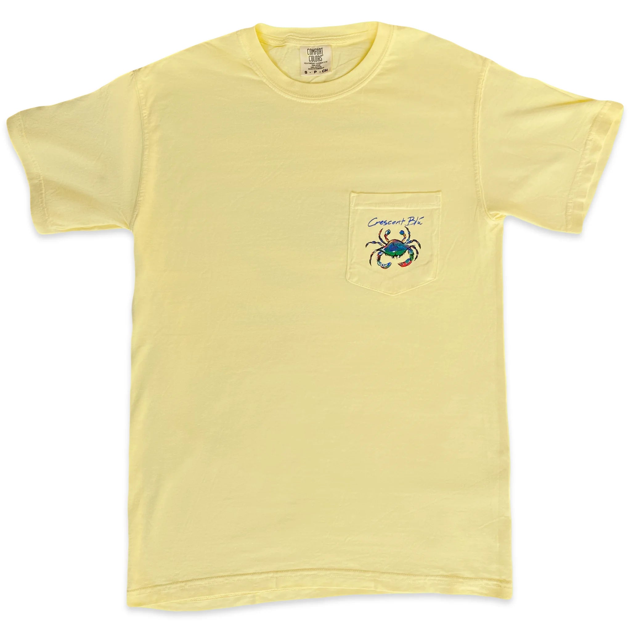 Front view of yellow pocket short sleeve t-shirt with Crescent Blu multi-colored Signature collection crab on left pocket