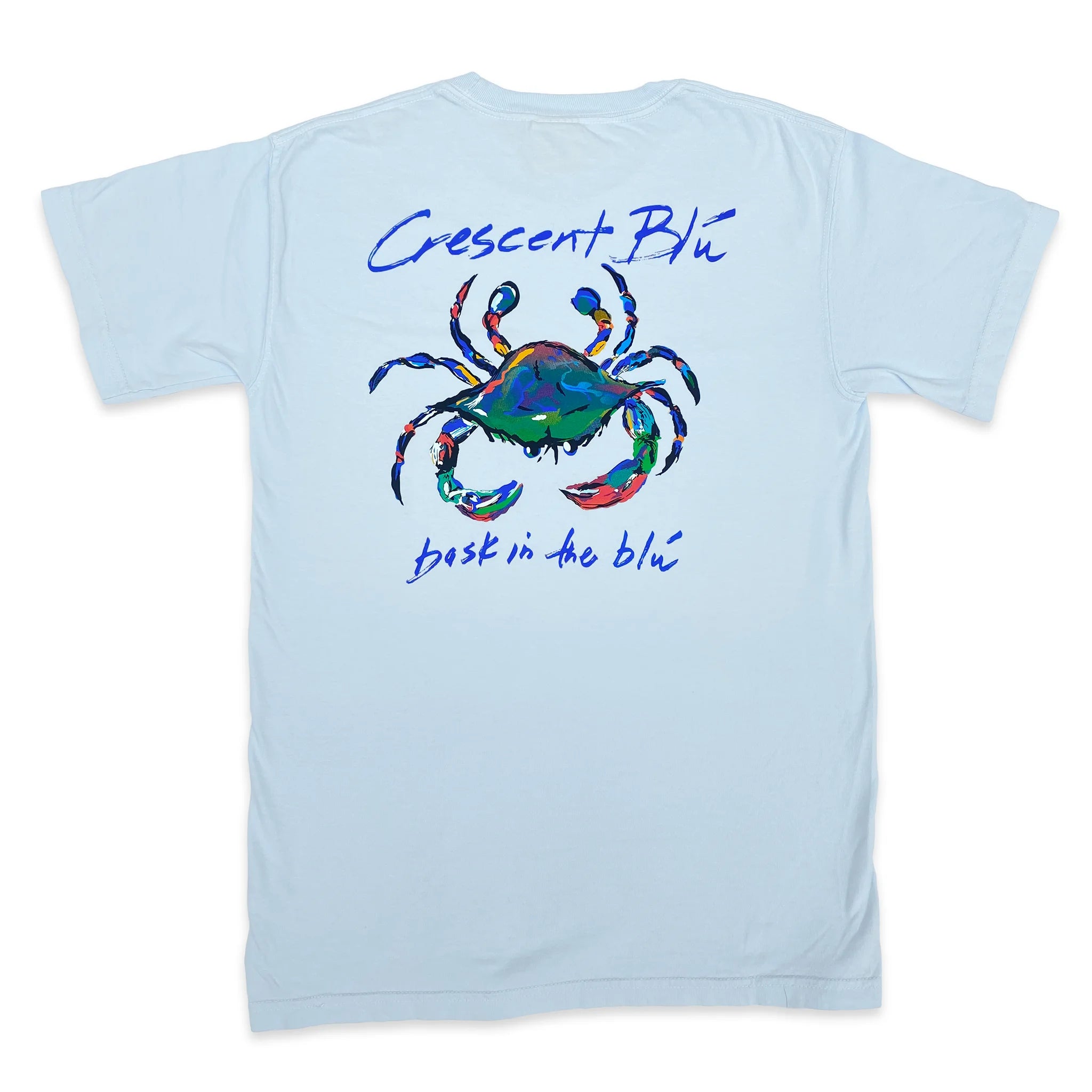 Chambray light blue short sleeve adult tee with the Crescent Blu Signature Crab logo centered on the back.