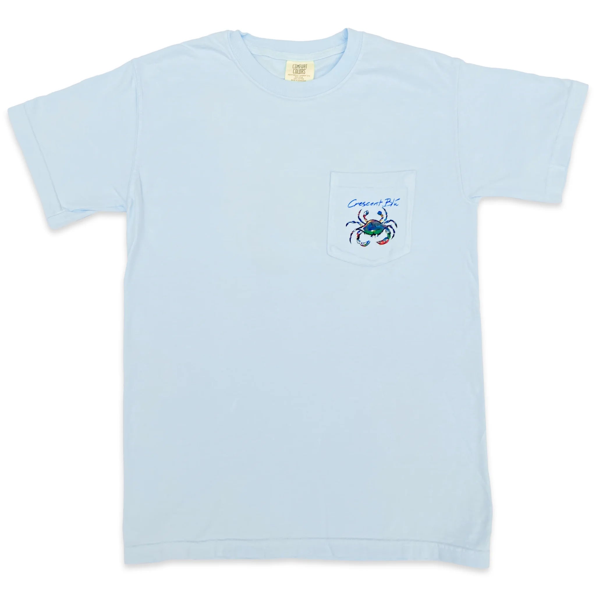 Light blue chambray colored pack tee with Crescent Blu logo on the pocket.