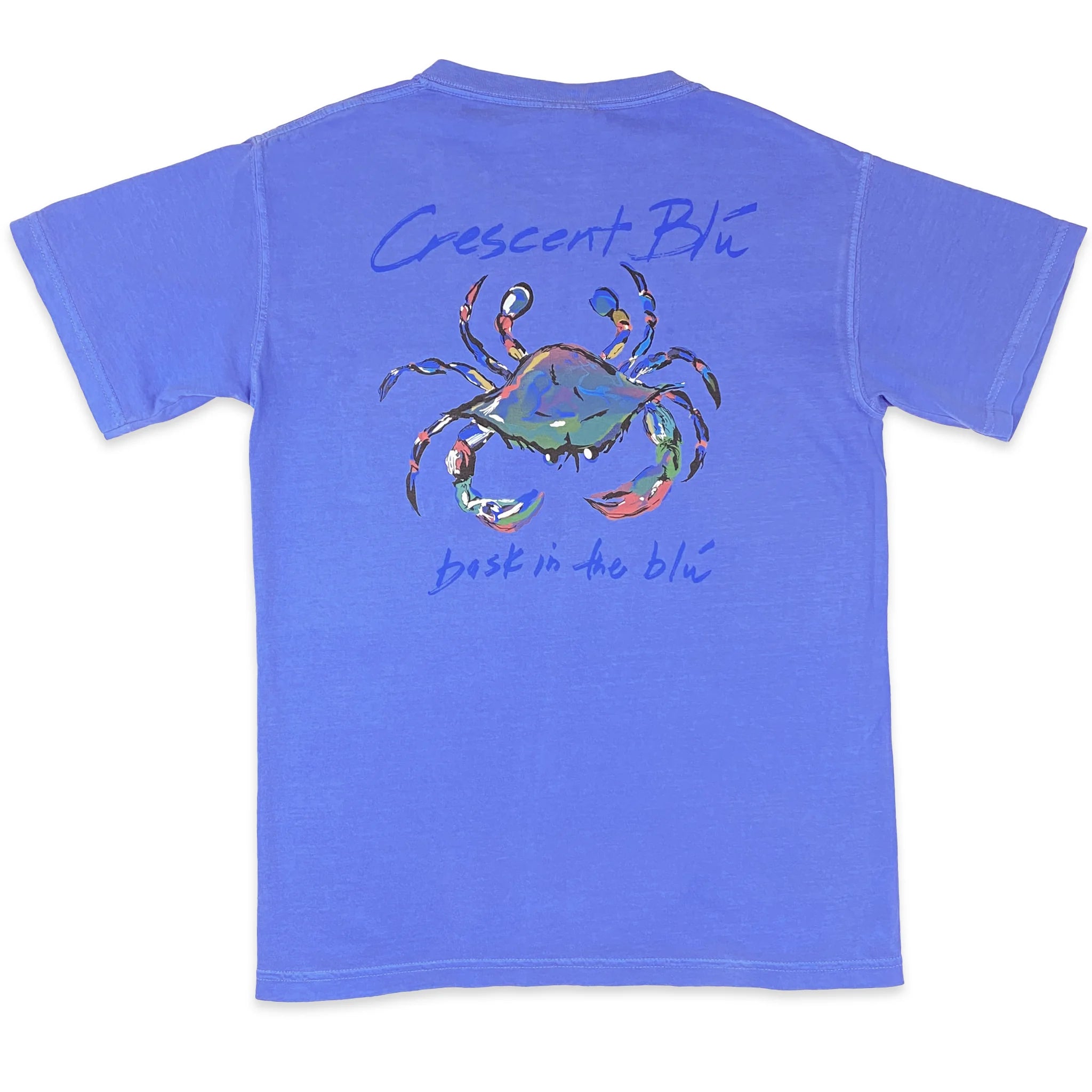 Image of the back of Adult short sleeve t-shirt in Flo Blue color with a blue crab on the back.