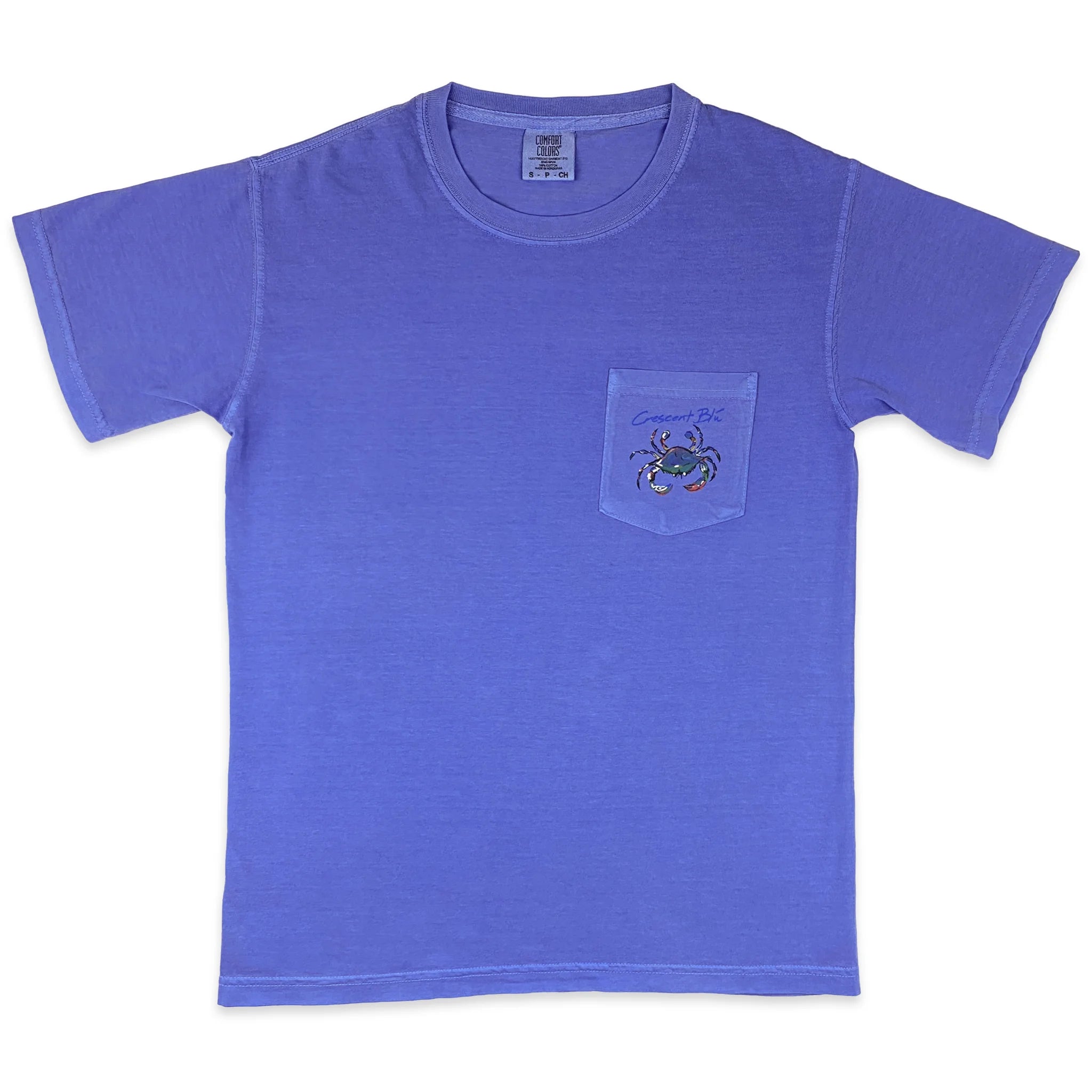 Front of Flo Blue Signature crab collection tee with multi-colored crab logo on left front chest pocket.