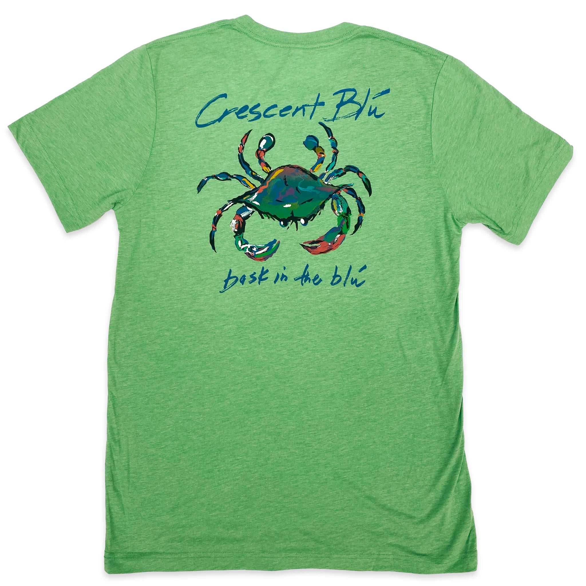 A green triblend t-shirt with the Crescent Blu logo on the back.