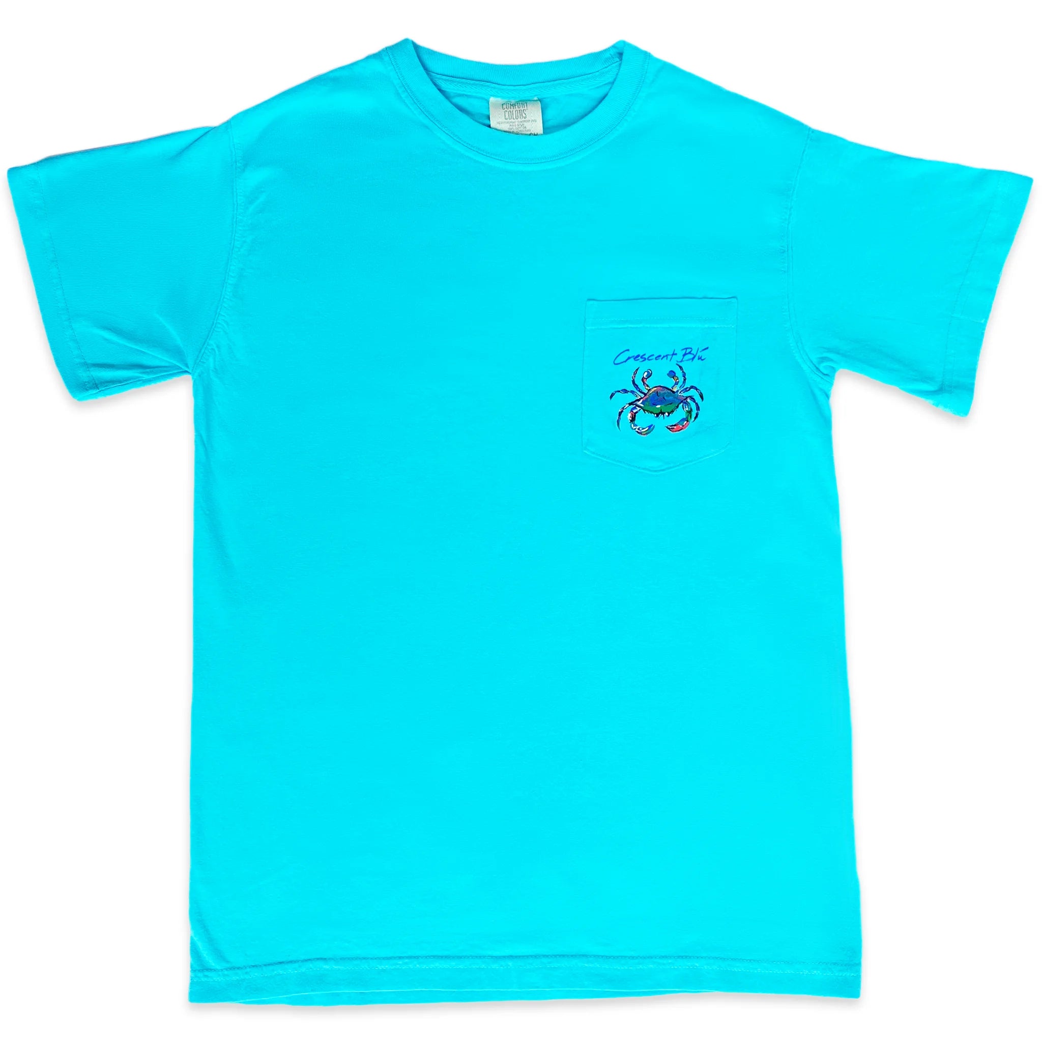 Short sleeve lagoon blue comfort colors pocket tee with the Crescent Blu logo on the pocket.