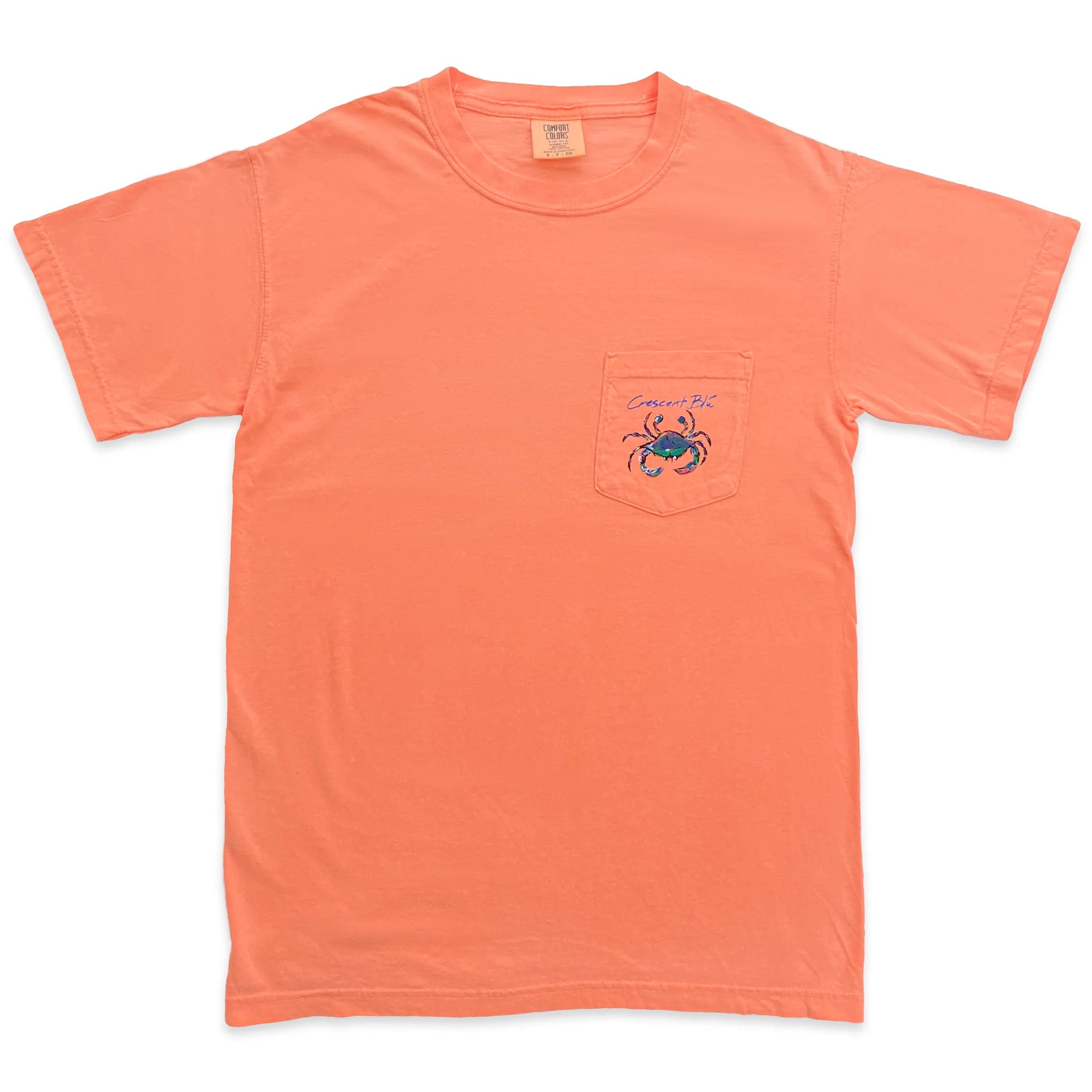 An orange melon colored crewneck t-shirt with a crab on the pocket.