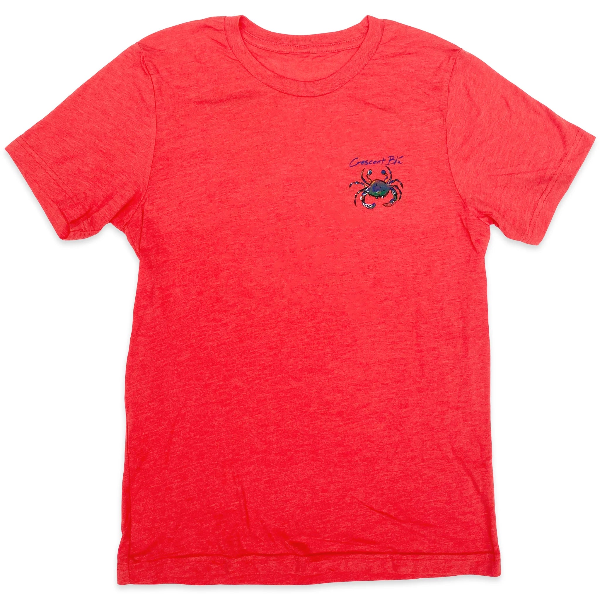 The Crescent Blu logo on the left check of a short sleeve red t-shirt.