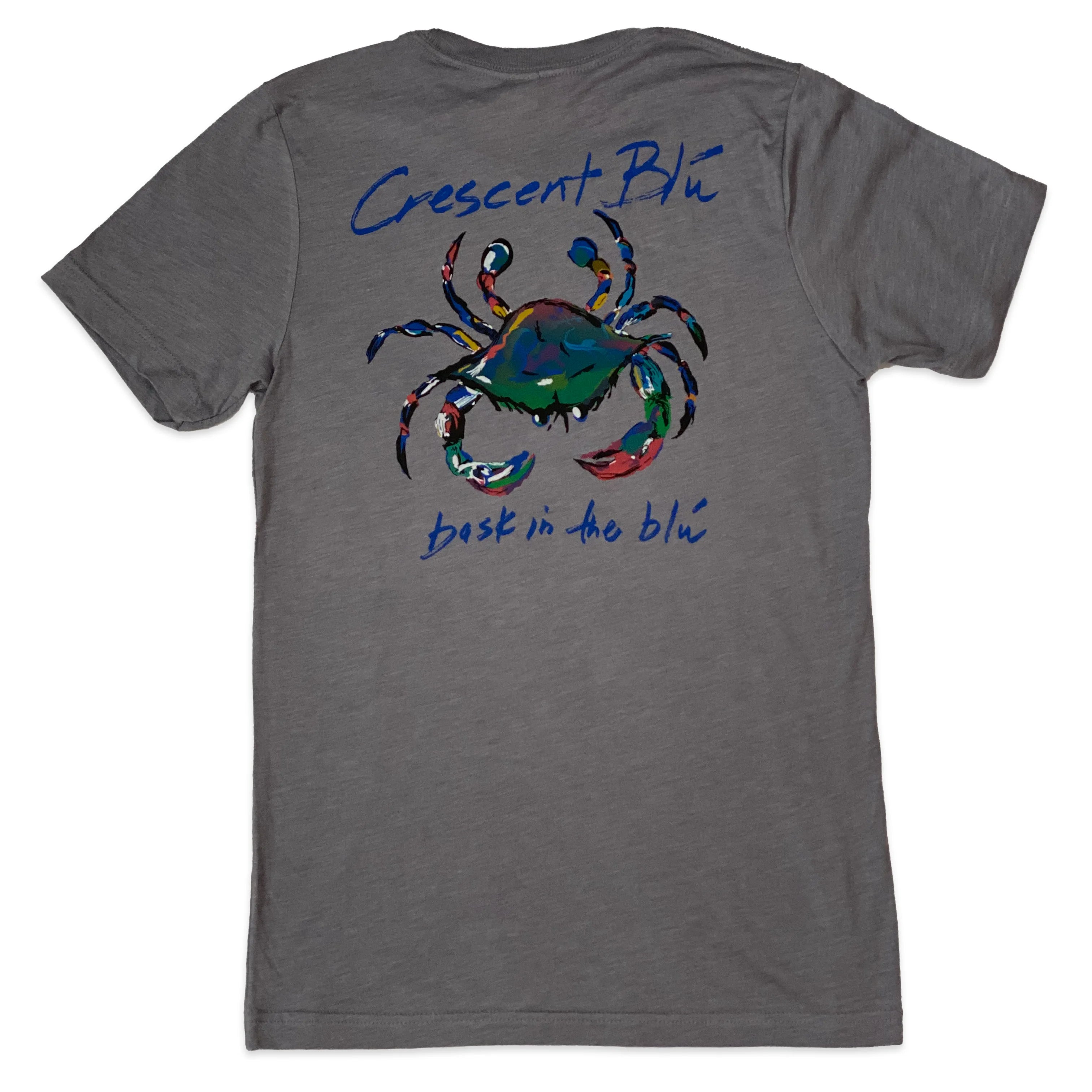 A large multi-colored crab logo on storm gray color short sleeve tee.