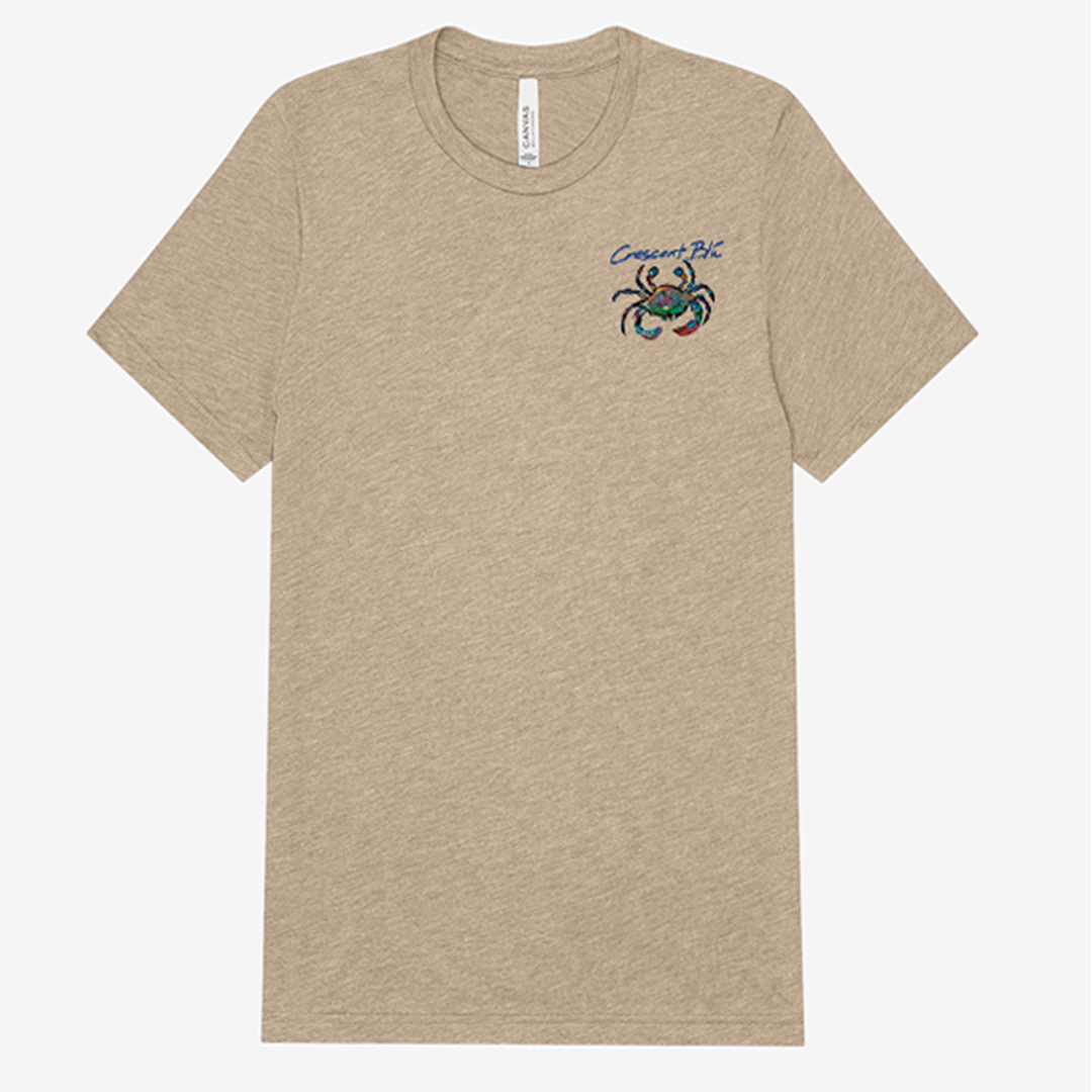 Front of a tan tri-blend tee with the Crescent Blu logo on the left chest.