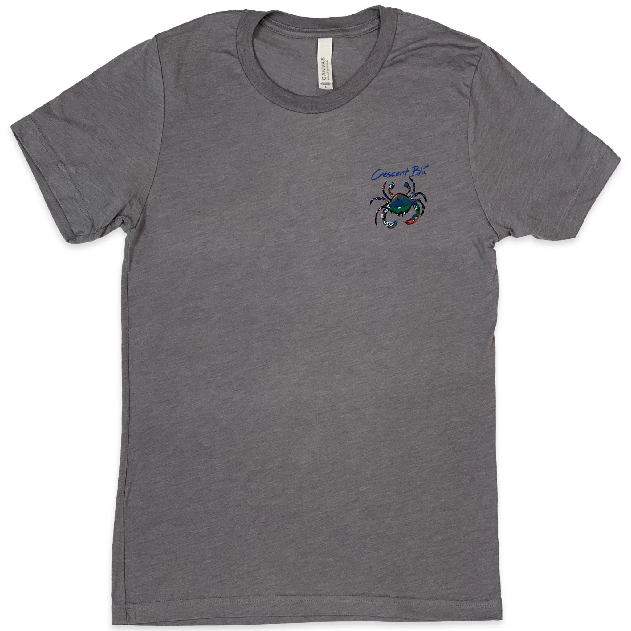 View of front of adult short sleeve Grey Storm colored t-shirt with small Signature crab logo and Crescent Blu printed on the front left chest. No pocket.
