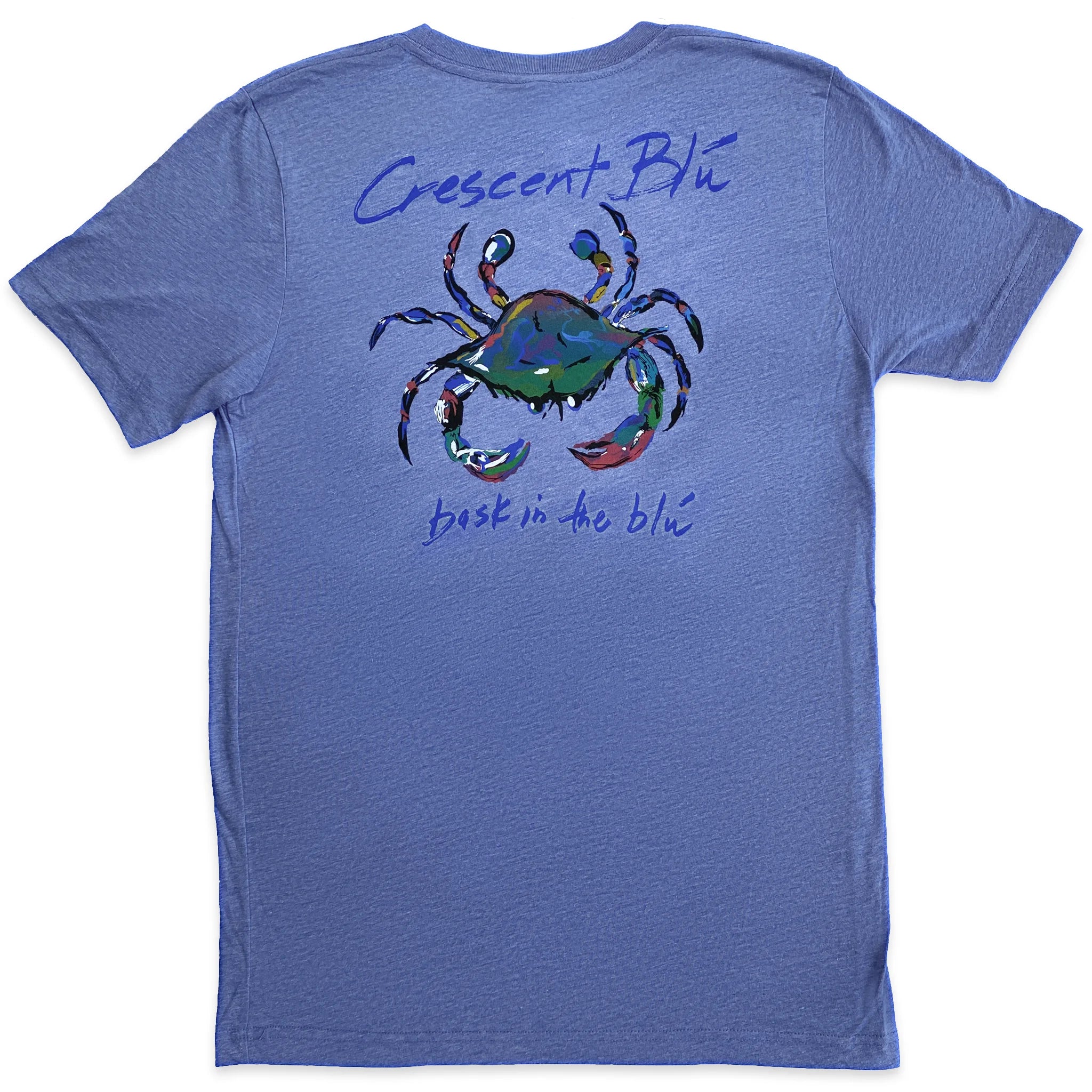 the Crescent Blu crab logo centered on the back of a blue short sleeve shirt.