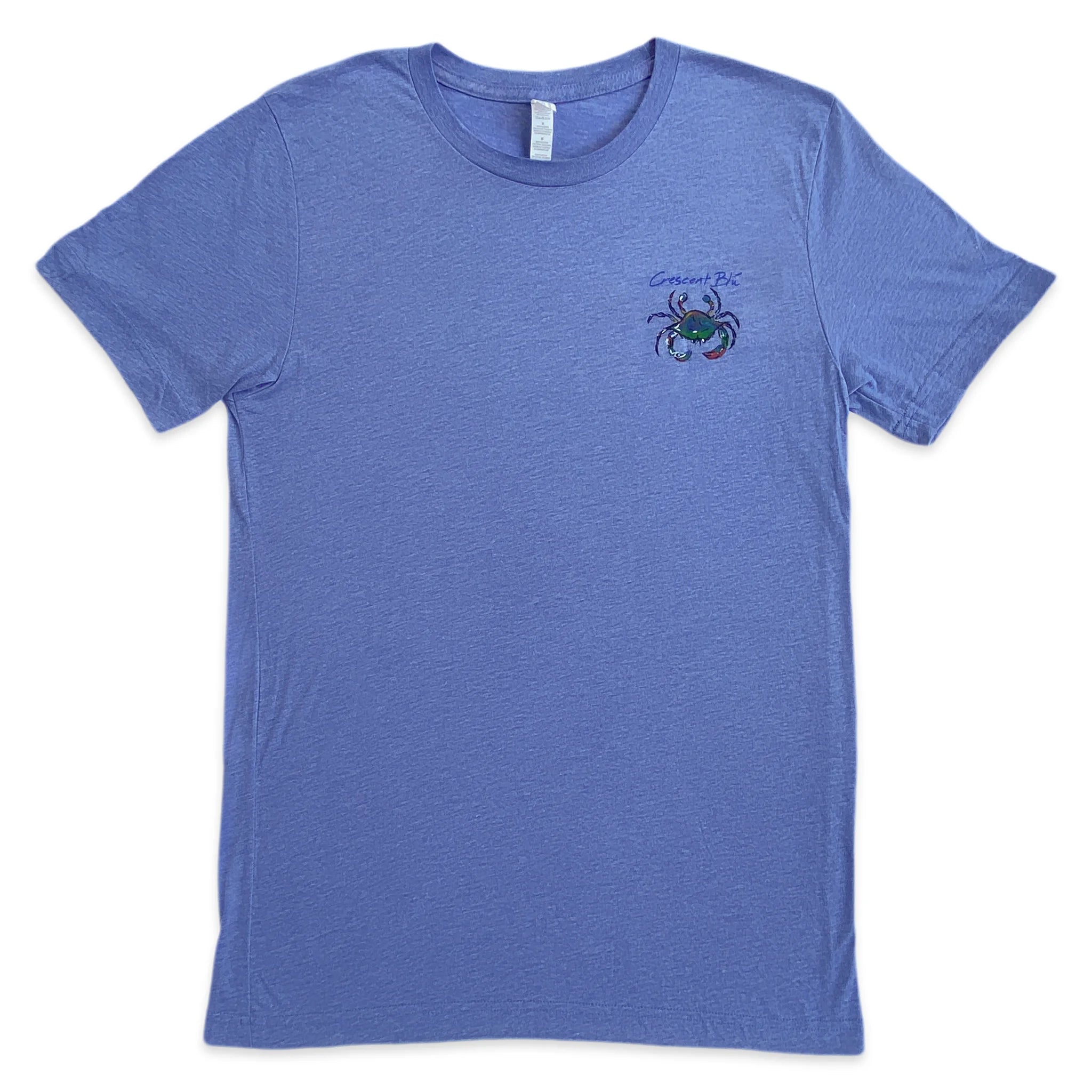 Front view of an adult short sleeve Blue triblend tee with multi-colored crab logo on the front left chest.