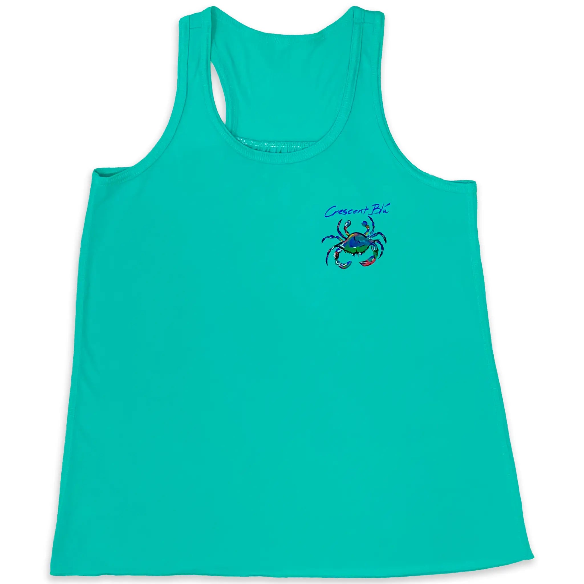 Teal colored girls racerback tank top with the Crescent Blu multicolored crab logo on the upper left chest.