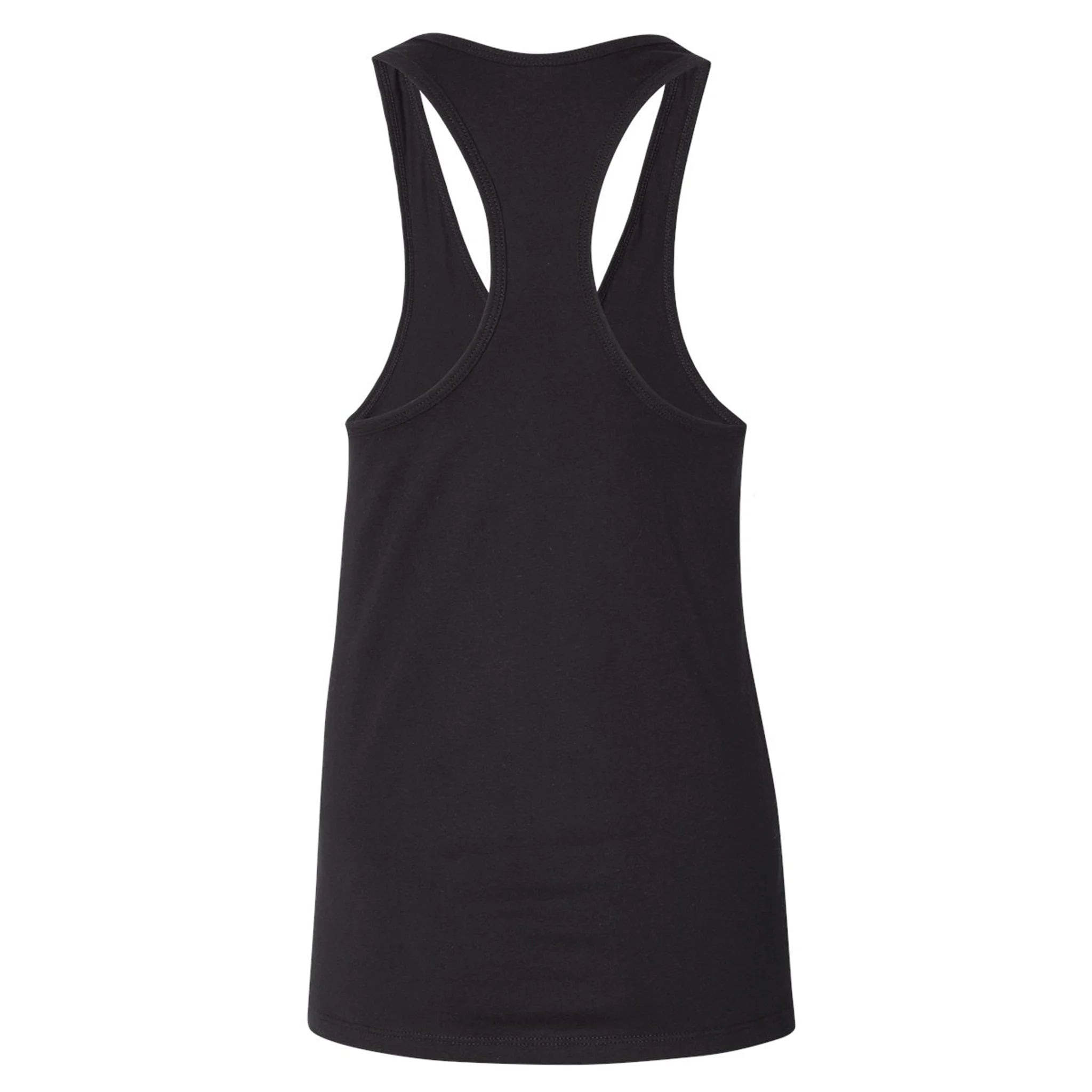 The back of a black racerback tank top.
