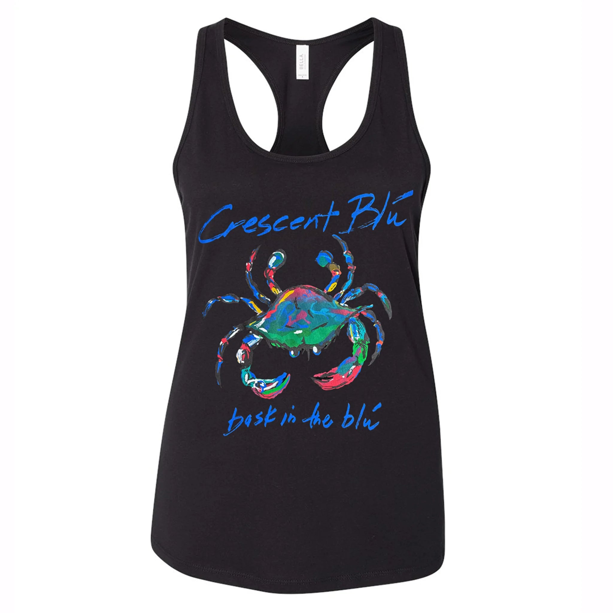 The Crescent blu crab logo centered on the front of a black ladies racerback tank top.