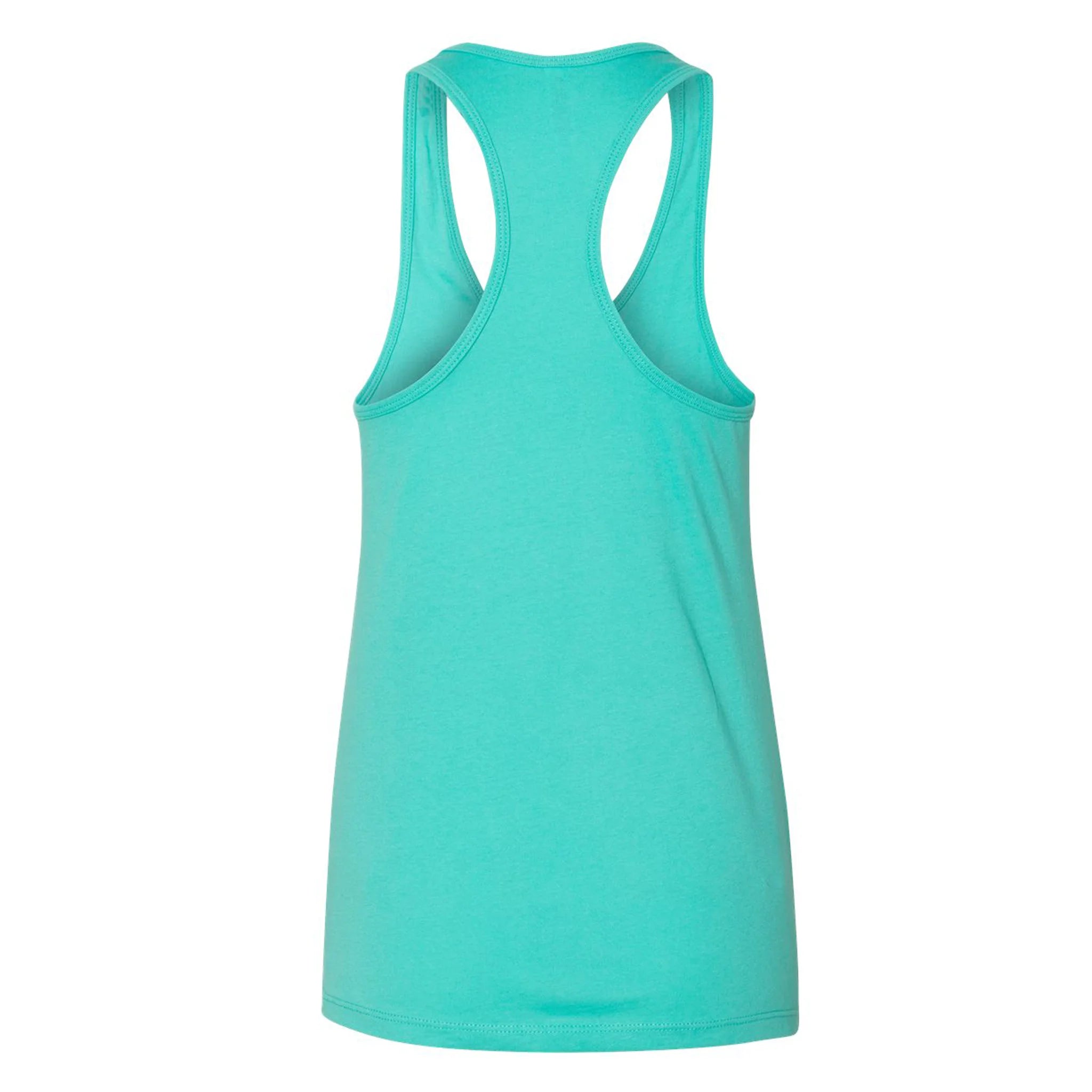 The back of a teal ladies racer back tank top.