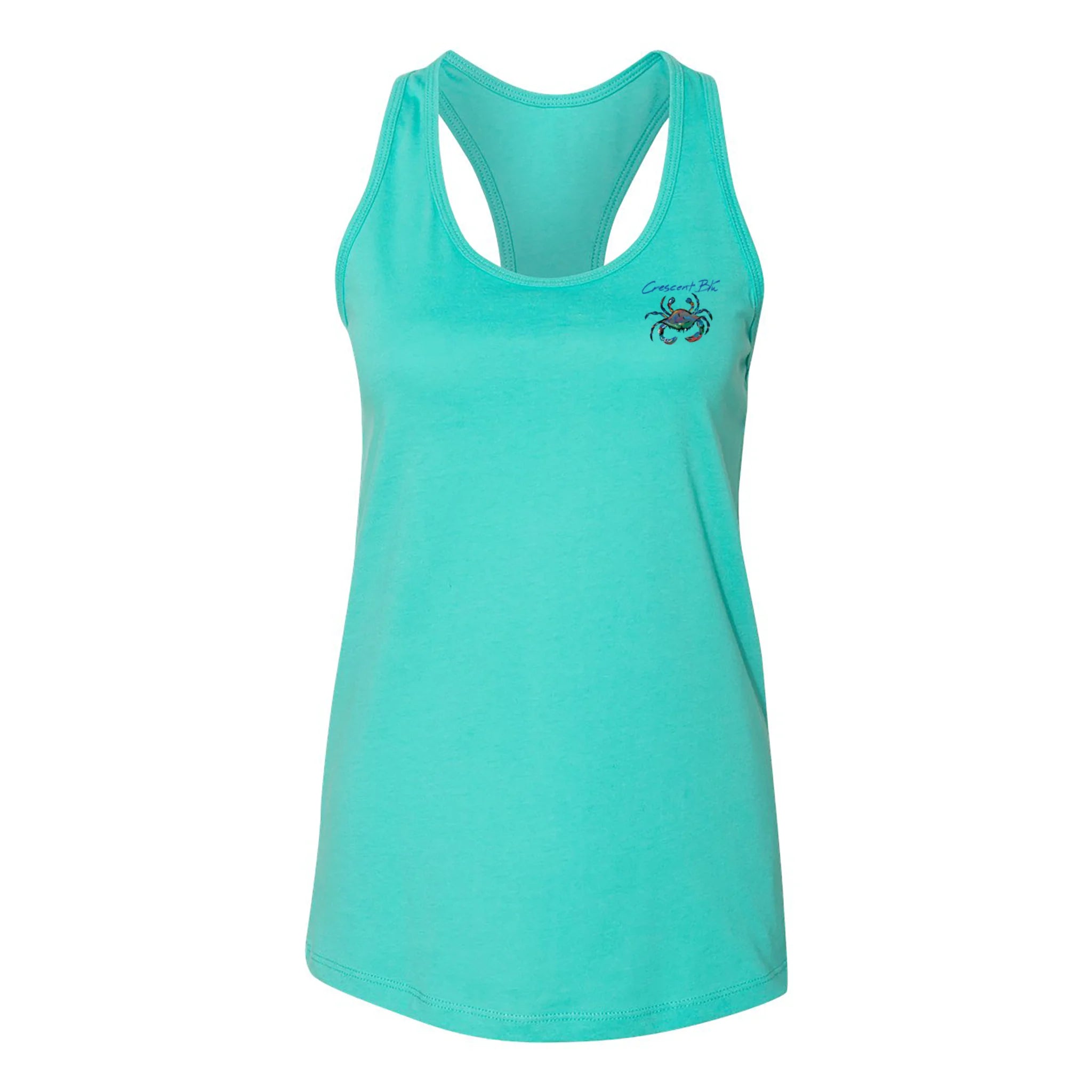 The front of a Crescent Blu Signature Crab teal womens racerback tank top.