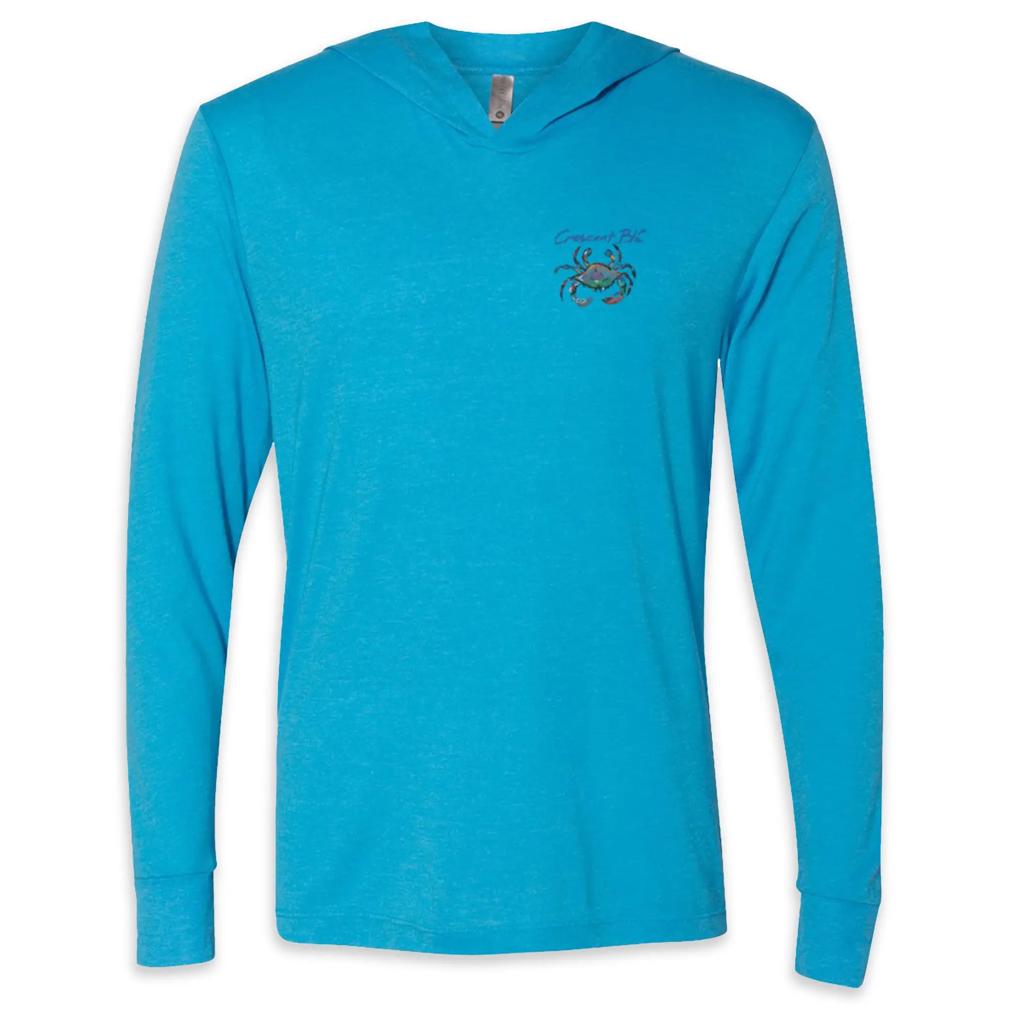 Front view of Vintage Turquoise colored hoodie T-shirt with Crescent Blu logo and crab on front upper left chest