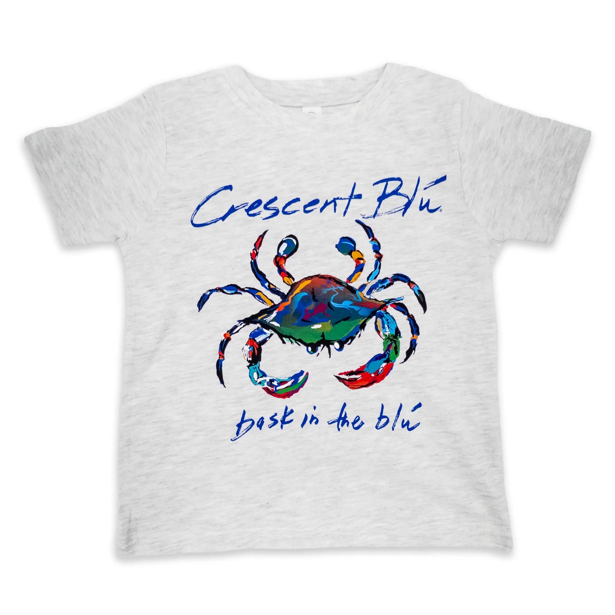 A short sleeve toddler ash gray t-shirt with 'Crescent Blu' text and a colorful crab design on the front