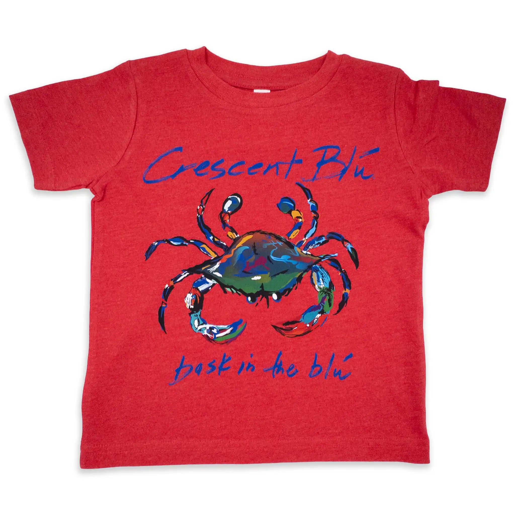 A short sleeve toddler t-shirt in vintage red with a colorful blue crab on the front and the name Crescent Blu above it and bask in the blu below it.
